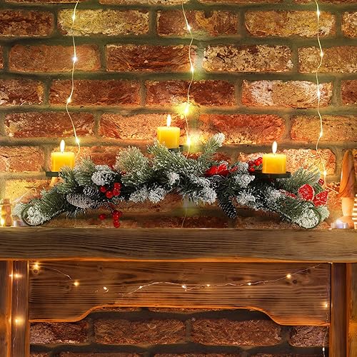 Miniatura 4 de Centro de mesa artificial de Navidad con 3 portavelas, flores rojas, bayas rojas y conos de pino nevado, base de acero, decoración de Navidad para