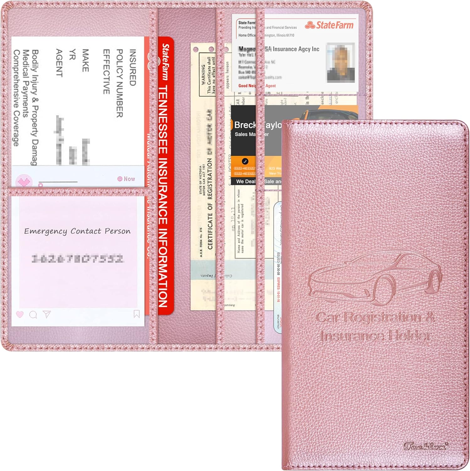 Techion Car Registration and Insurance Holder, 9.5 x 5 Inch PU Leather Vehicle Document Holder Case for Insurance Card, Driver License, Paperwork – Rose Gold Techion Car Registration and Insurance Holder, 9.5 x 5 Inch PU Leather Vehicle Document Holder Case for Insurance Card, Driver License, Paperwork – Rose Gold