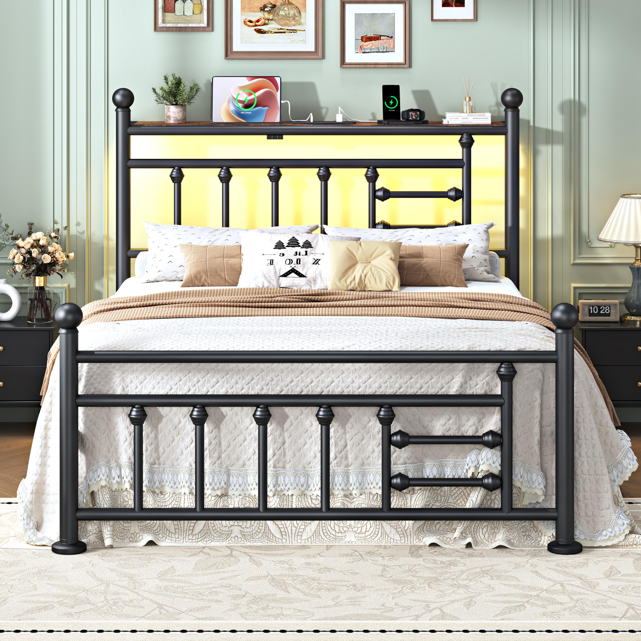 ChicZhiNest Queen Bed Frame with Charging Station & LED Lights, Noise Free Metal Platform Queen Size Bed Frames with Victorian Headboard and Storage