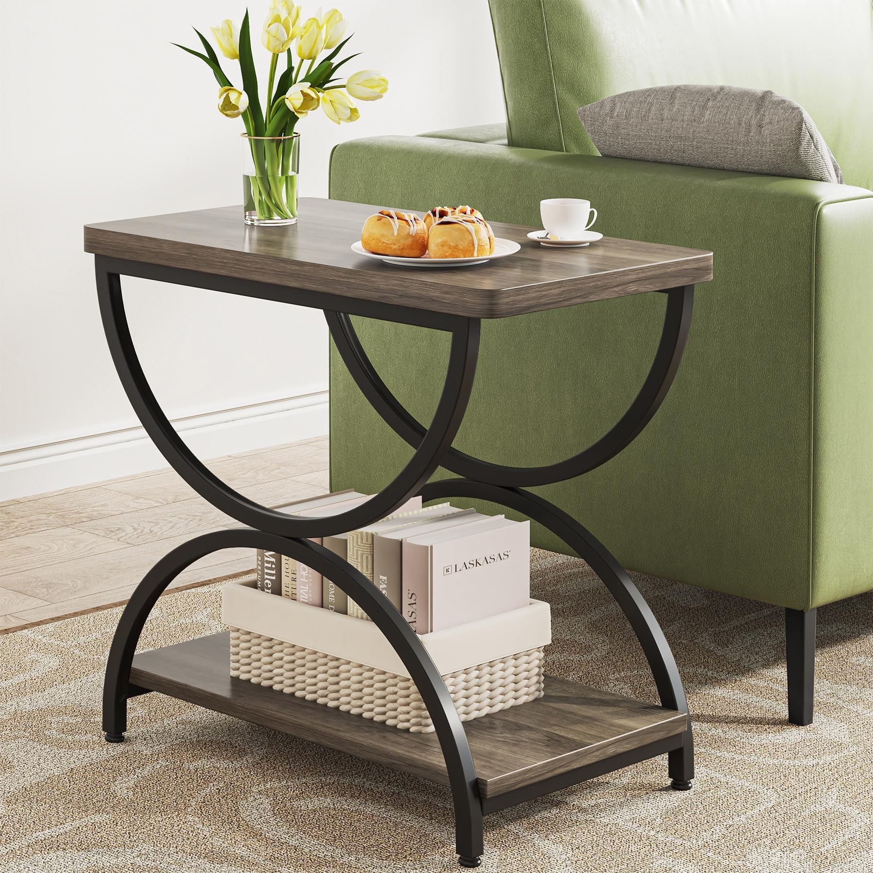 Tribesigns 2-Tier End Side Table with Stylish Metal Frame, Vintage Rectangular Bedside Nightstand for Bedroom, Wood and Metal Chair Side Tables Living Room (1, Brown Grey+Black)