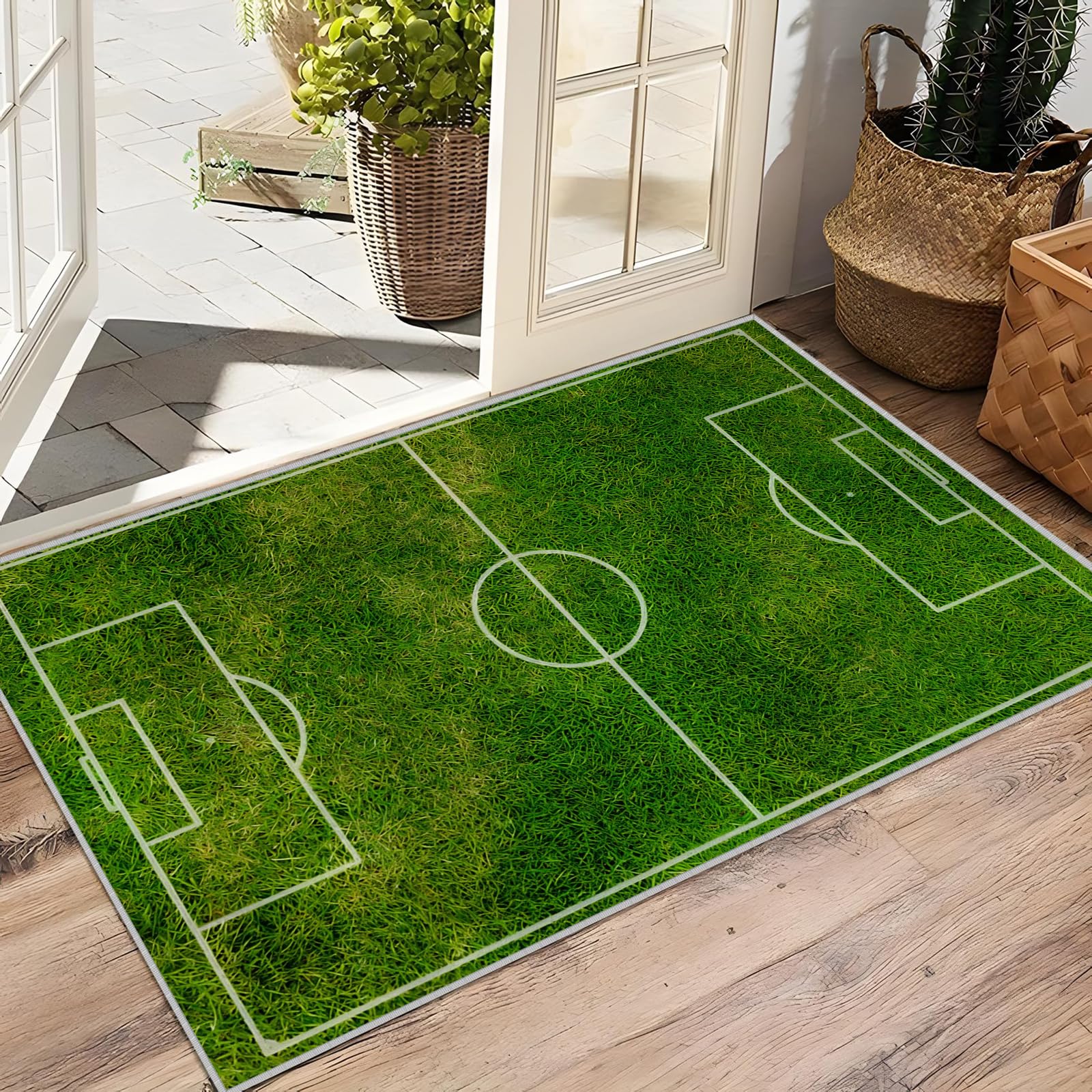 Großer waschbarer Kurzflor-Teppich 200x300, Fußballplatz Teppich Kinderzimmer, Sportthema Dünn Saugfähig Vielseitig für Wohnzimmer Schlafzimmer Oder Als Bettvorlege F-91