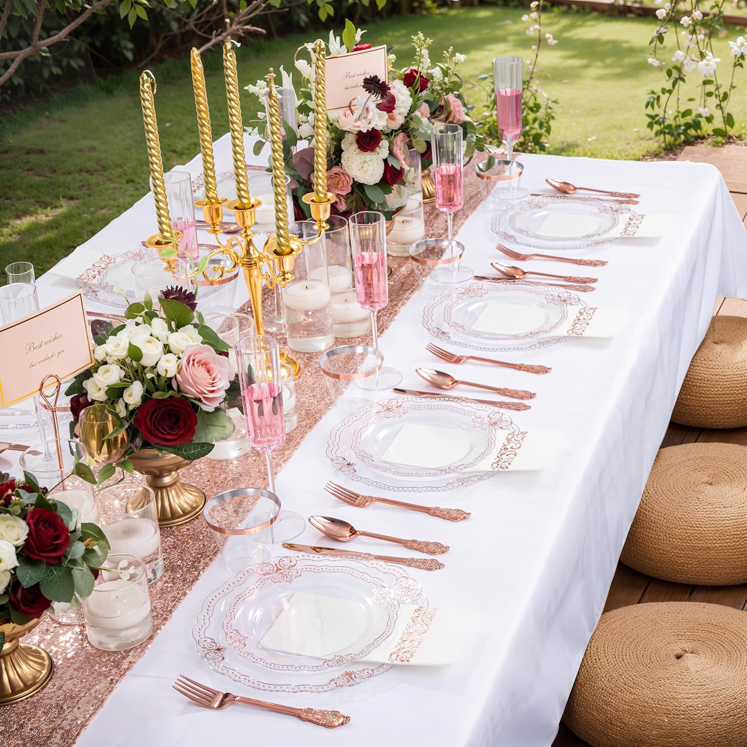 Ciaell 175 PCS Rose and Gold Plastic Plates - Fancy Rose Gold Disposable Dinnerware Set with of 50 Plates, 25 Knives, 25 Forks, 25 Spoons, 25 Cups, 25 Napkins for Wedding & Party & Valentine's Day - Image 7