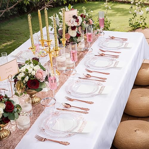 Miniatura 7 de Ciaell 175 PIEZAS Platos de plástico de color rosa y dorado - Juego de vajilla desechable de color rosa dorado elegante con 50 platos, 25 cuchillos,