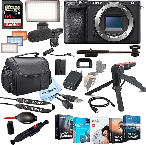 Sony Intl. Sony Alpha a6400 - Cuerpo de cámara digital sin espejo (sin lente) + micrófono de disparo + LED Always on Light+ tarjeta de velocidad