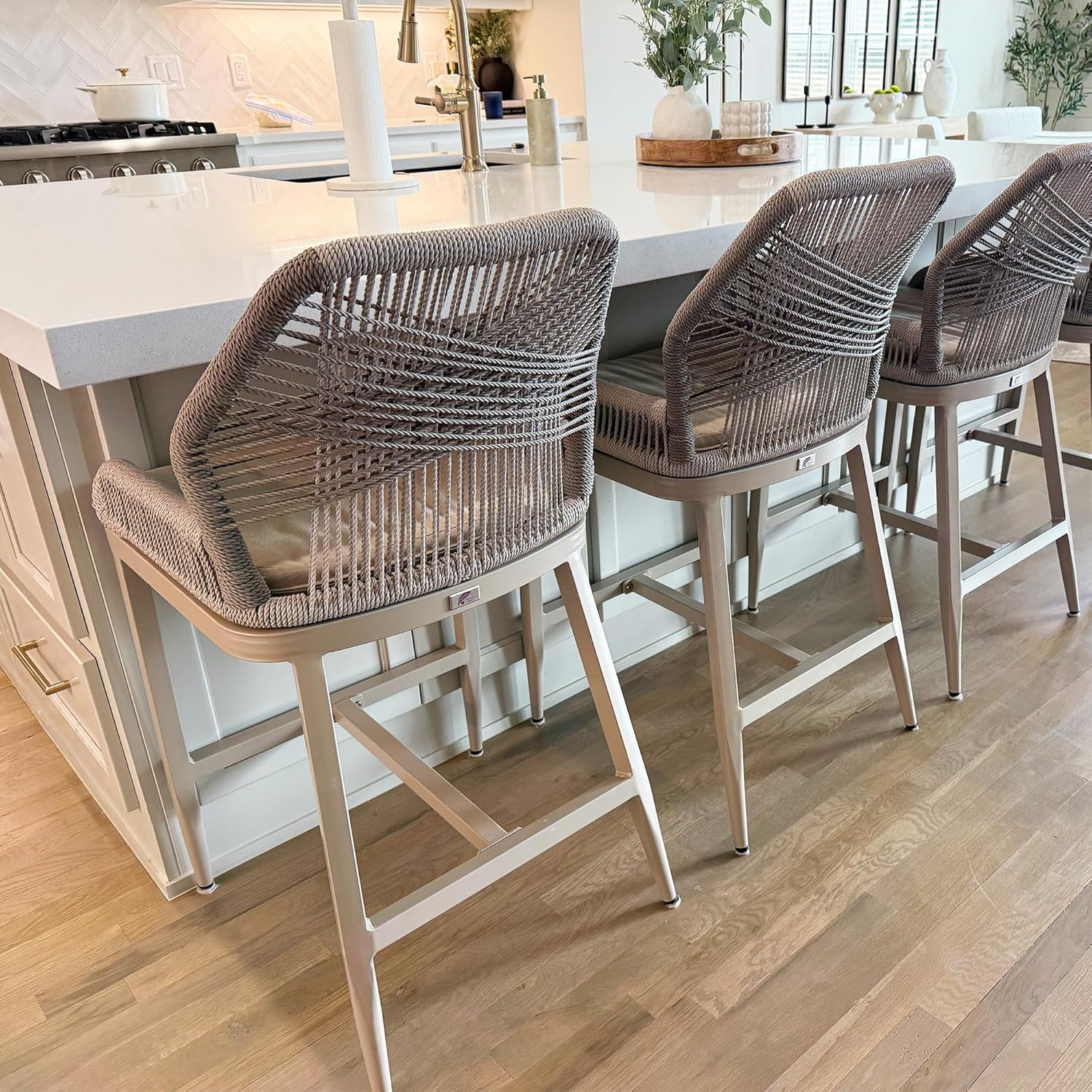 PURPLE LEAF Patio Bar Stools 28" H Set of 2 Handwoven Wicker Bar Height Stool Modern Aluminum High Bar Chairs Outdoor Wicker Barstools with Back and Cushion for Kitchen Pool Island