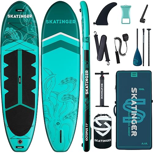 Skatinger 11'x34'' Extra Wide Inflatable Paddle Board, Up to 420lbs Stand-up Paddle Boards for Adults, Stable SUP for 2 People/Family, 3-PCS Paddle, Shoulder Strap, US Fin