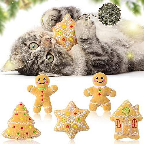 MALLMALL6 Catnip Toys for Cat - 5Pcs Christmas Gingerbread Catmint Interactive Cat Toy for Indoor Kitten, Soft Kitty Supplies, Kitten Teething Chew Kick Toy Set, Pet Xmas Gifts for Kitty Lover - Christmas Gingerbread