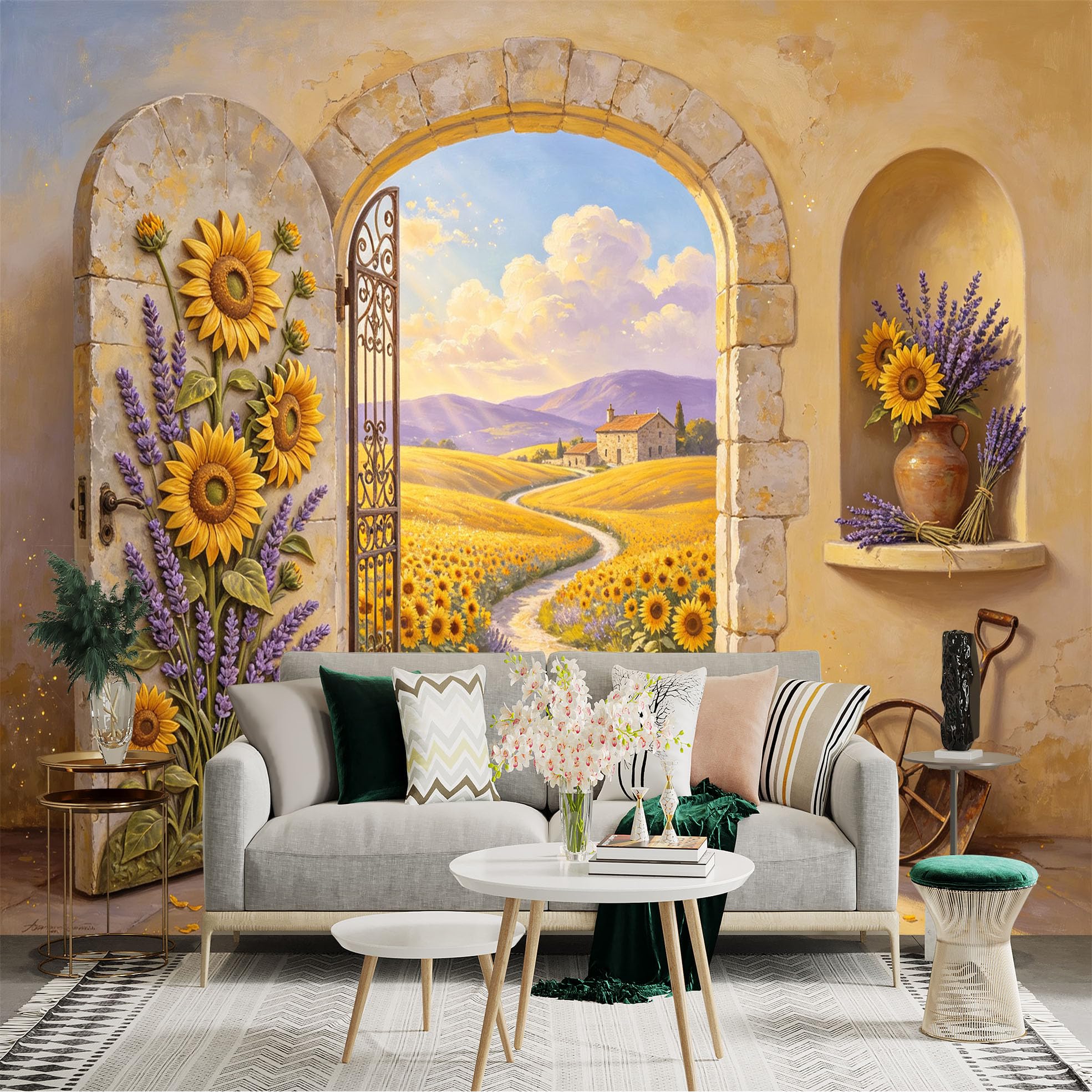 Custom Size Wall Sticker Mural， Rustic Sunflower Countryside Archway Landscape， for wall Decoration， peelandstick wall Decals.