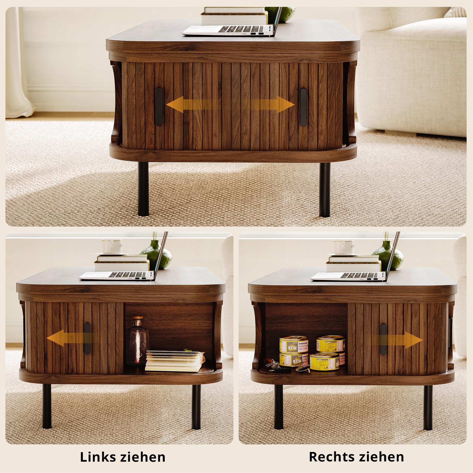 IRONCK Couchtisch höhenverstellbar, Wohnzimmertisch mit Stauraum, Holz Kaffeetisch mit Schiebetüren, verstecktes Fach, offenes Fach, für kleine Räume, Wohnzimmer, Homeoffice, 101x51x52cm, Walnüsse