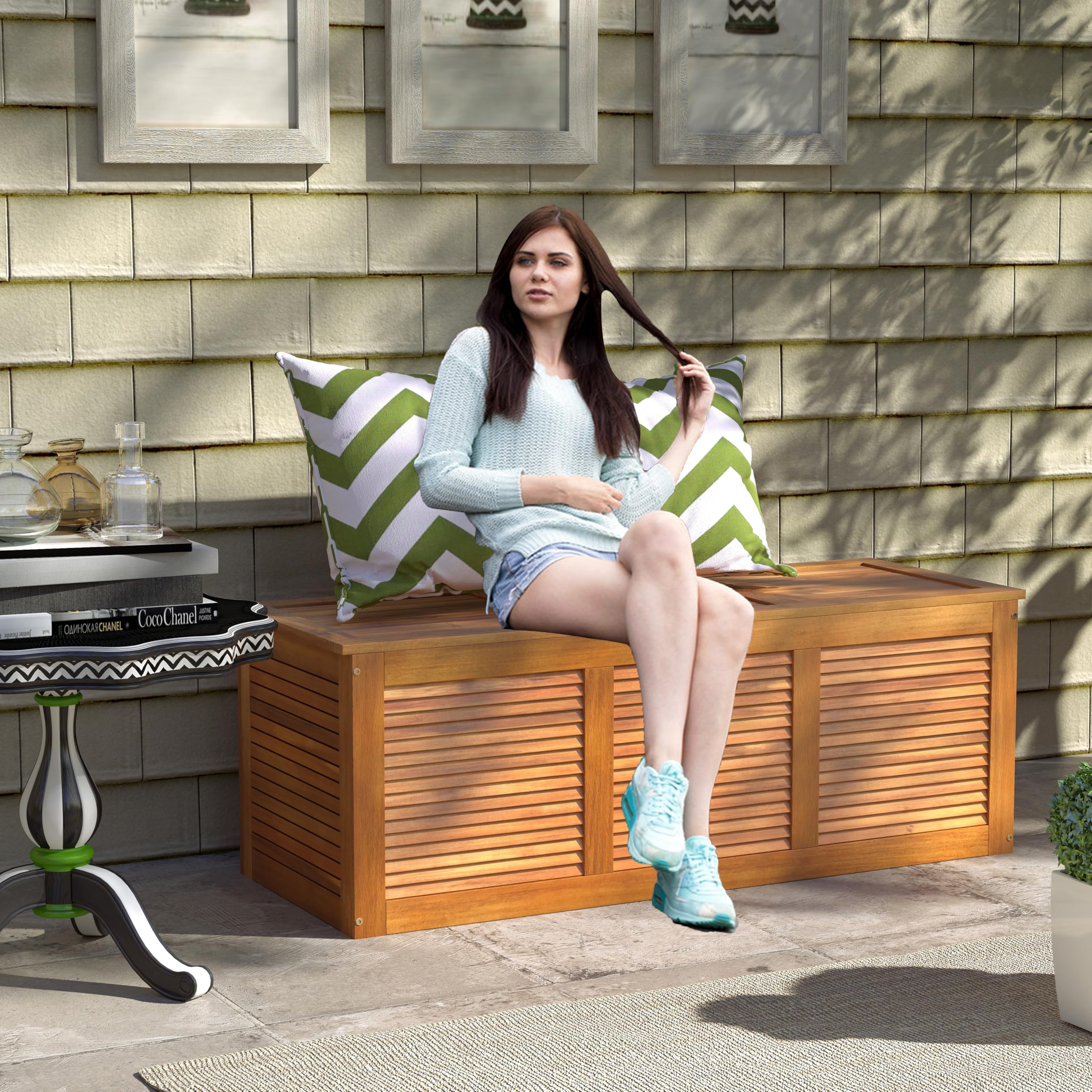 RELAX4LIFE Gartenbox, 178L Auflagenbox mit Sitzbank & Deckel, Aufbewahrungsbox mit Stauraum, Kissenbox outdoor aus Akazienholz, Gartentruhe Auflagentruhe Holztruhe für Garten, Balkon, Terrasse, Natur