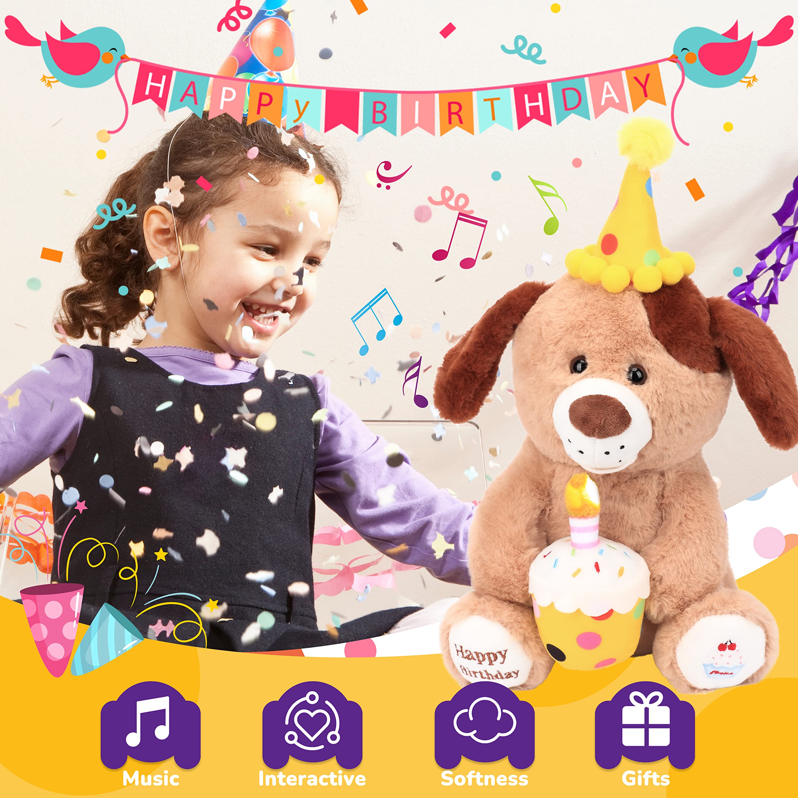 Hopearl Adorable perro de feliz cumpleaños con magdalena brillante musical de peluche cachorro cantando y agitando, juguete de peluche interactivo animado para niños, marrón, 15 pulgadas