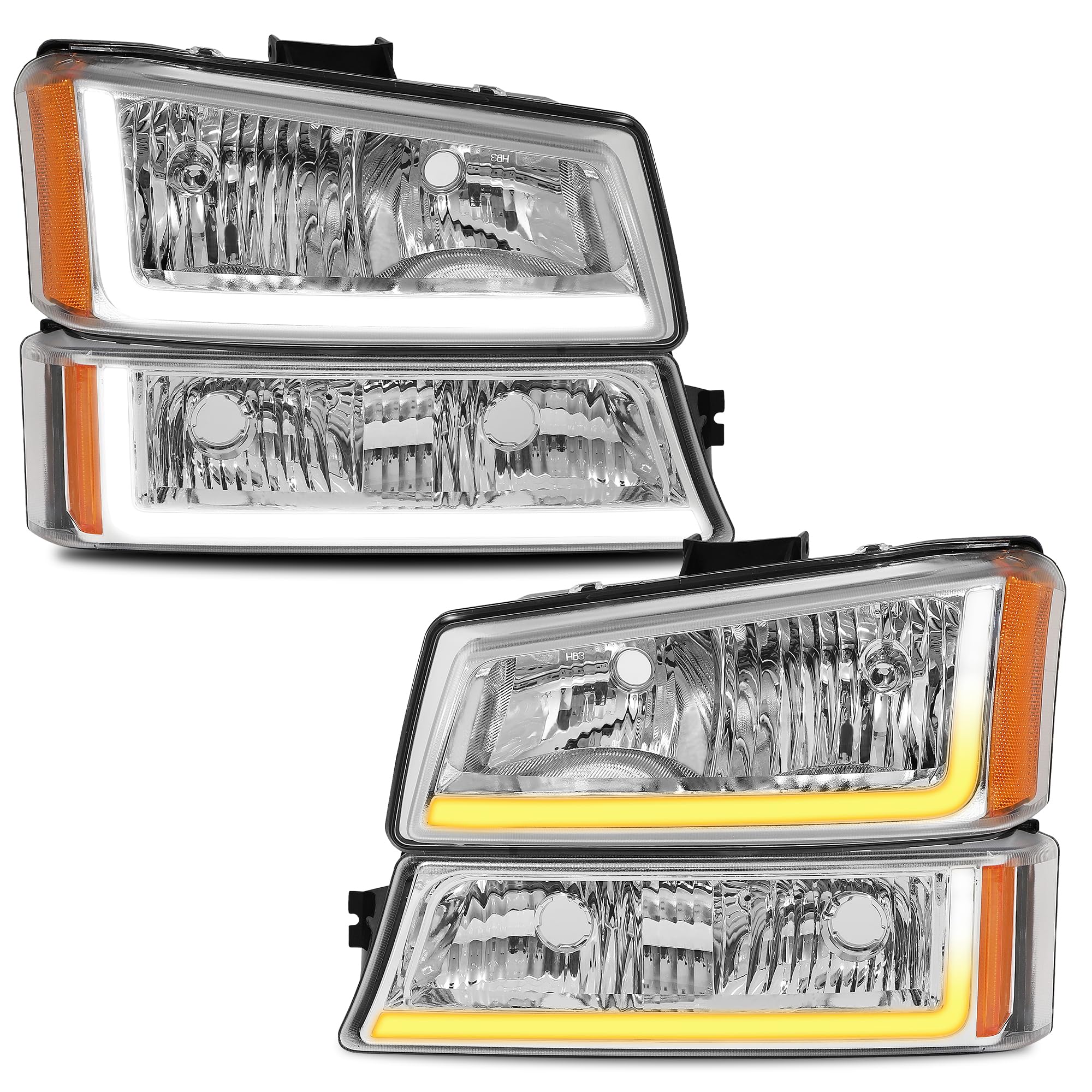 No-Fogging Headlight Assembly W/LED DRL Sequential Turn Light Fit For 03 04 05 06 Chevy Silverado Avalanche 1500 2500 3500/07 Classic (Chrome Housing And Amber Reflector)