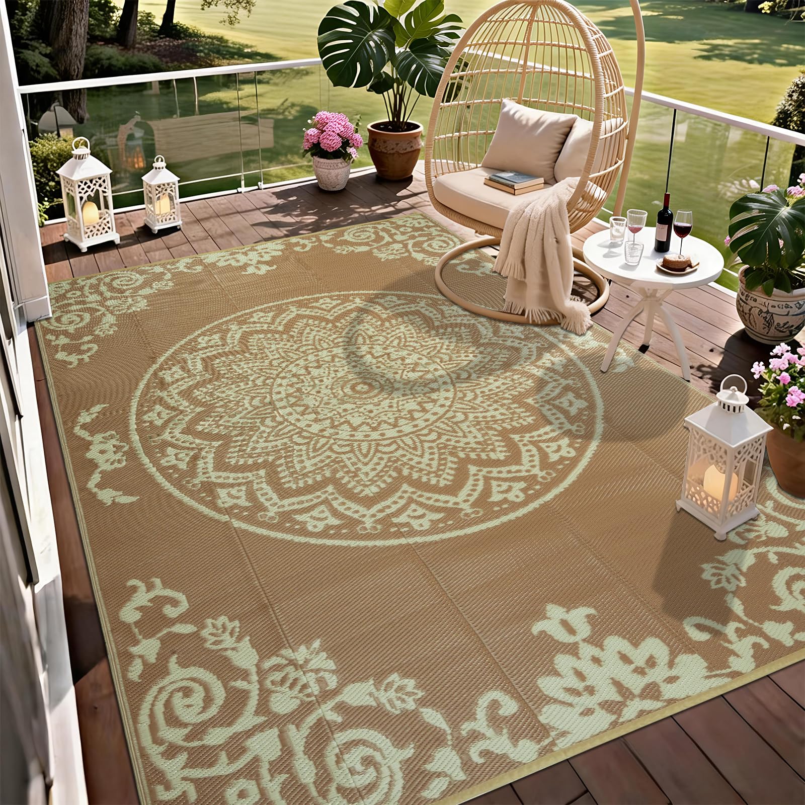 Homcomodar Large Outdoor Rug180x270cm Garden Rug Outdoor Rugs for Patios Waterproof Reversible Camping Carpet Plastic Rug UV Resistant Camping Mat for RV,Deck,Balcony,Backyard,Picnic,BBQ(Beige Brown)