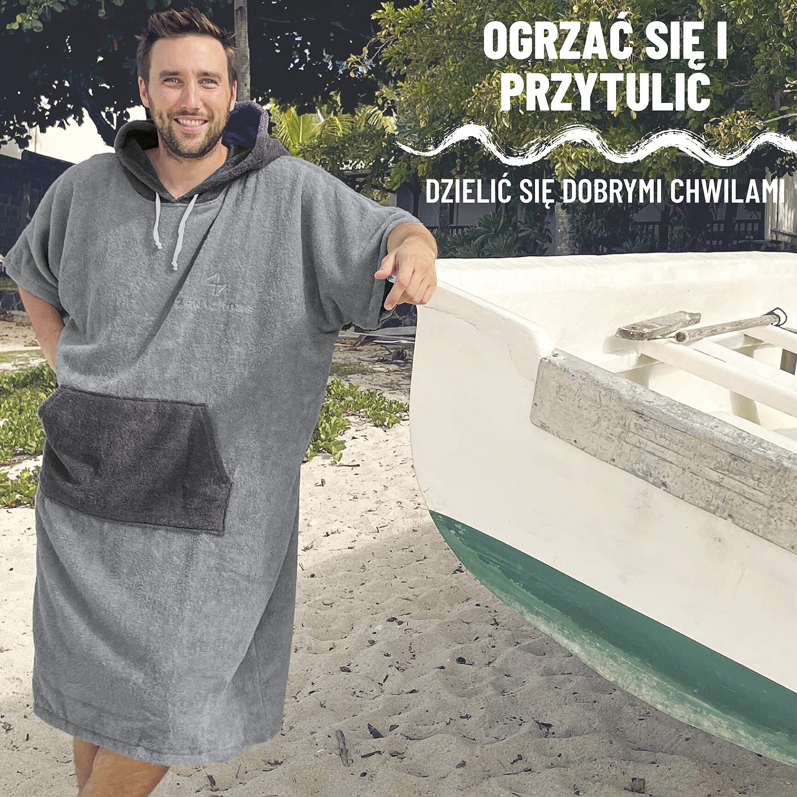 Poncho kąpielowe i sportowe - L/XL - 100% bawełna frotte - damskie poncho, męskie poncho, dla dorosłych i dzieci - idealne na plażę, basen i basen oraz ręcznik - jasnoszare
