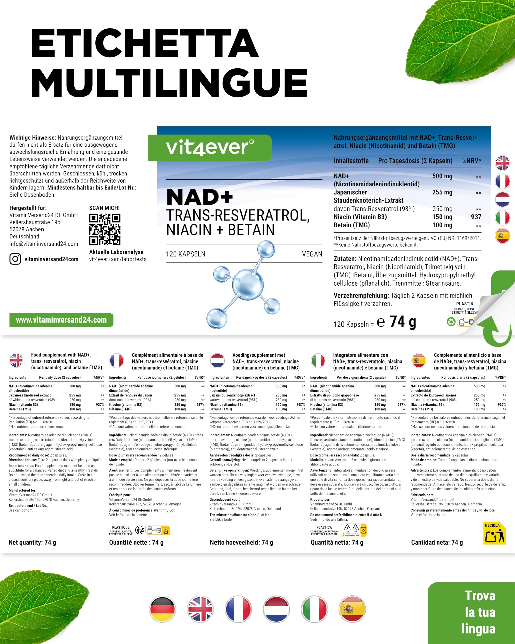 vit4ever Capsule NAD+ - 500 mg di NAD+ (Nicotinamide Adenina Dinucleotide) + 250 mg di Trans-Resveratrolo 98% + 150 mg di Niacina + 100 mg di Betaina (TMG) - 120 Capsule Vegane - Scorta per 60 Giorni
