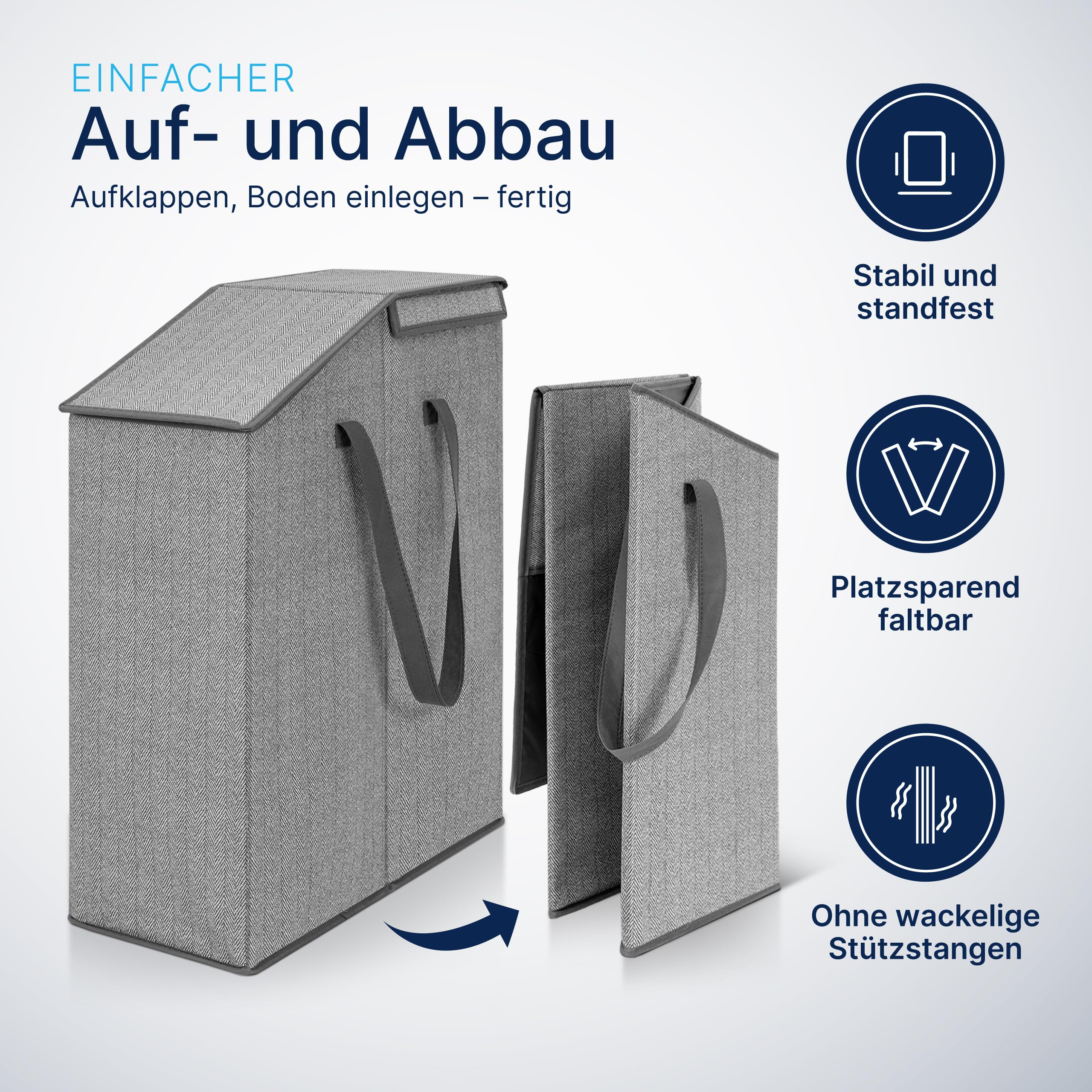 TOPP4u schmaler Wäschekorb mit Deckel 52L, 20x45x60cm faltbar, platzsparend