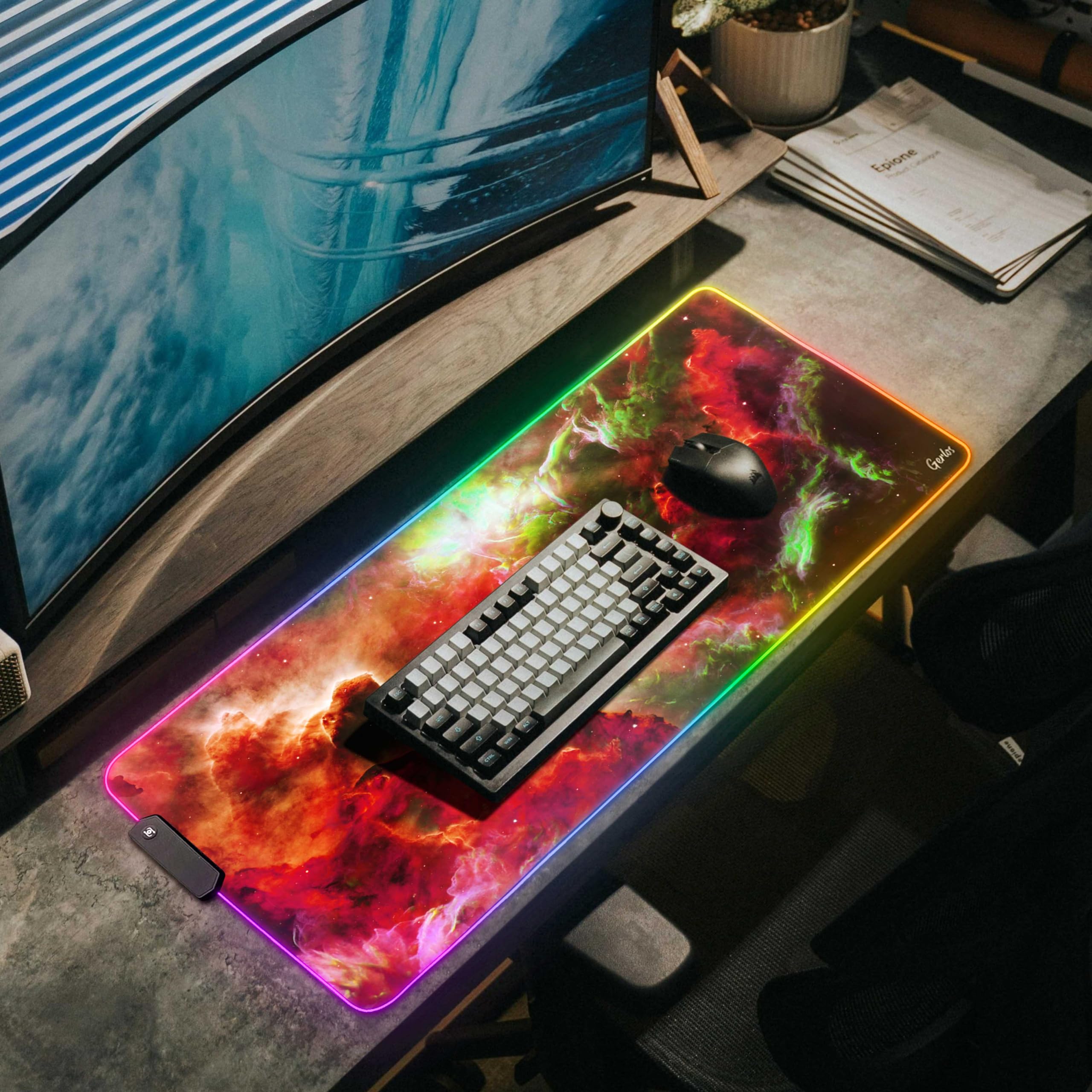 Gerlos Tapis de Souris de Jeu RVB, Grand Tapis de Bureau LED, 80 x 30 cm | 12 modes d'éclairage, base antidérapante, surface résistante à l'eau, bords cousus