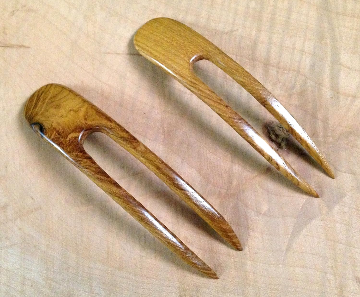(2) Teak Wood Two Prong Curved 4.5 Inch Hair Stick Pick Pic Pin Fork
