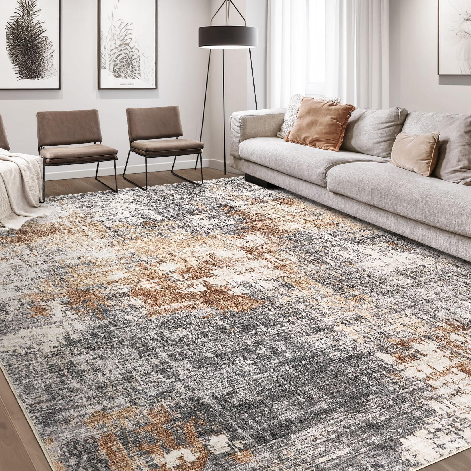 DMOYEST Washable Rugs Living Room 180x270cm - Large Abstract Neutral Modern Soft Non Slip Low Pile Kid Pet Friendly Carpet for Bedroom Dining Home Office - Grey Brown
