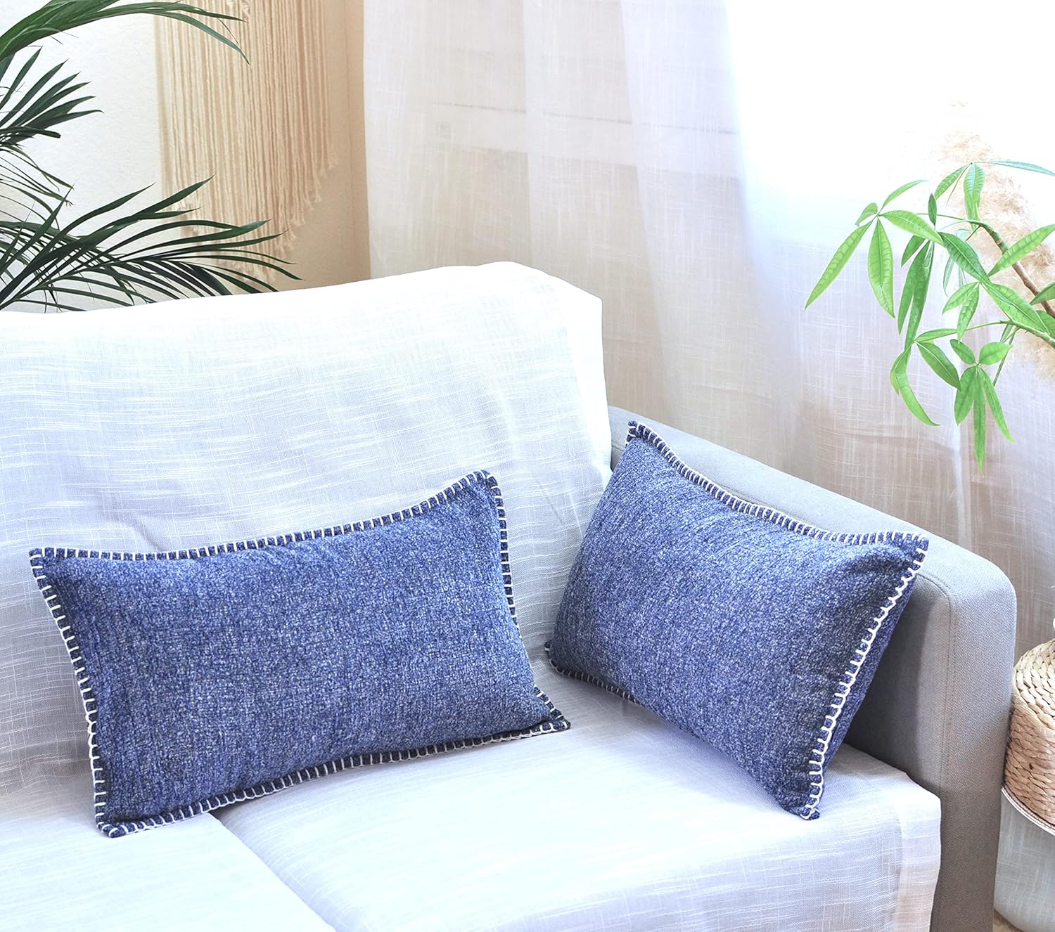 Decorative Stitched Edge Textured Lumbar Pillow Covers 12 x 20 inches Navy Blue Set of 2 Soft Chenille Farmhouse Cushion Covers Modern Accent Pillow Covers for Couch Living Room