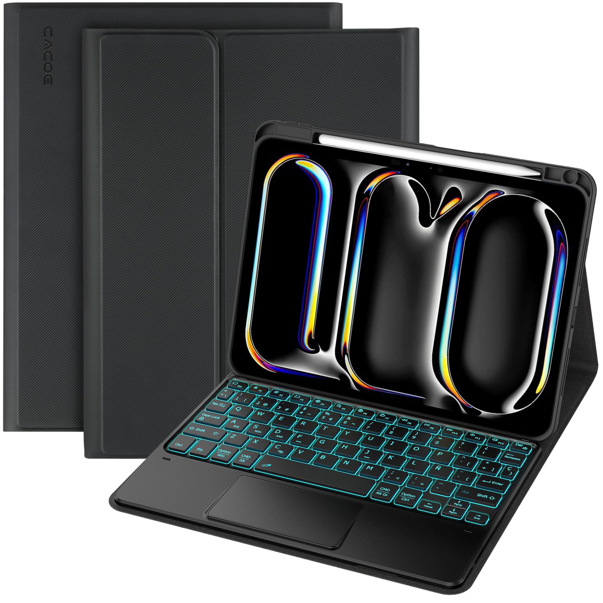 CACOE Funda Teclado iPad Pro 11" M5/M4 2025/2024, Iluminación de 7 Colores, [Español] QWERTY, Magnético Desmontable Bluetooth Teclado con Touchpad para iPad Pro 11 M5/M4 2025/2024, Negro Global Recycled Standard Global Recycled Standard Global Recycled Standard