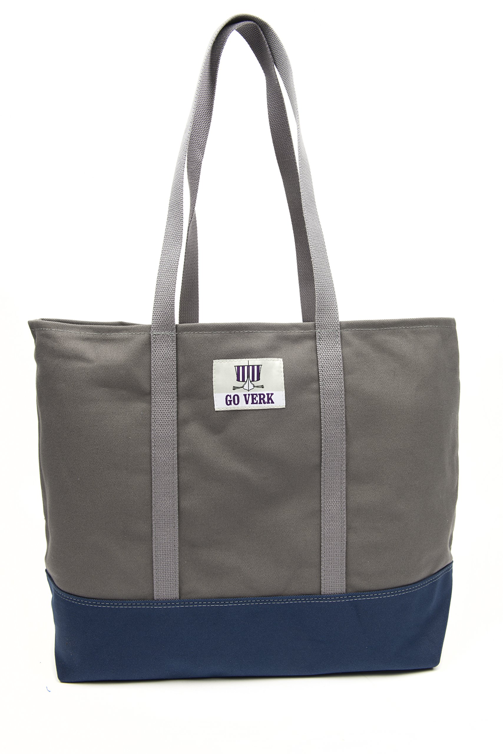 Travel Office Open Tote Bag Heavy Cotton Canvas Go Verk (Large, Charcoal Grey/Navy Blue/Grey)