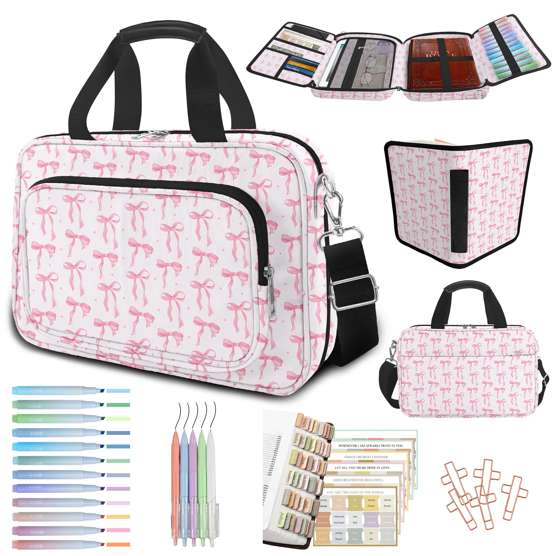 bolimoss Pink Bow Bible Cover Case for Women, Large Cute Bible Book Cover with Strap Handle Zipper Pockets, Bible Bag Carrying Case with Pens Highlighters Cross Clips Tabs, Bible Accessories for Women