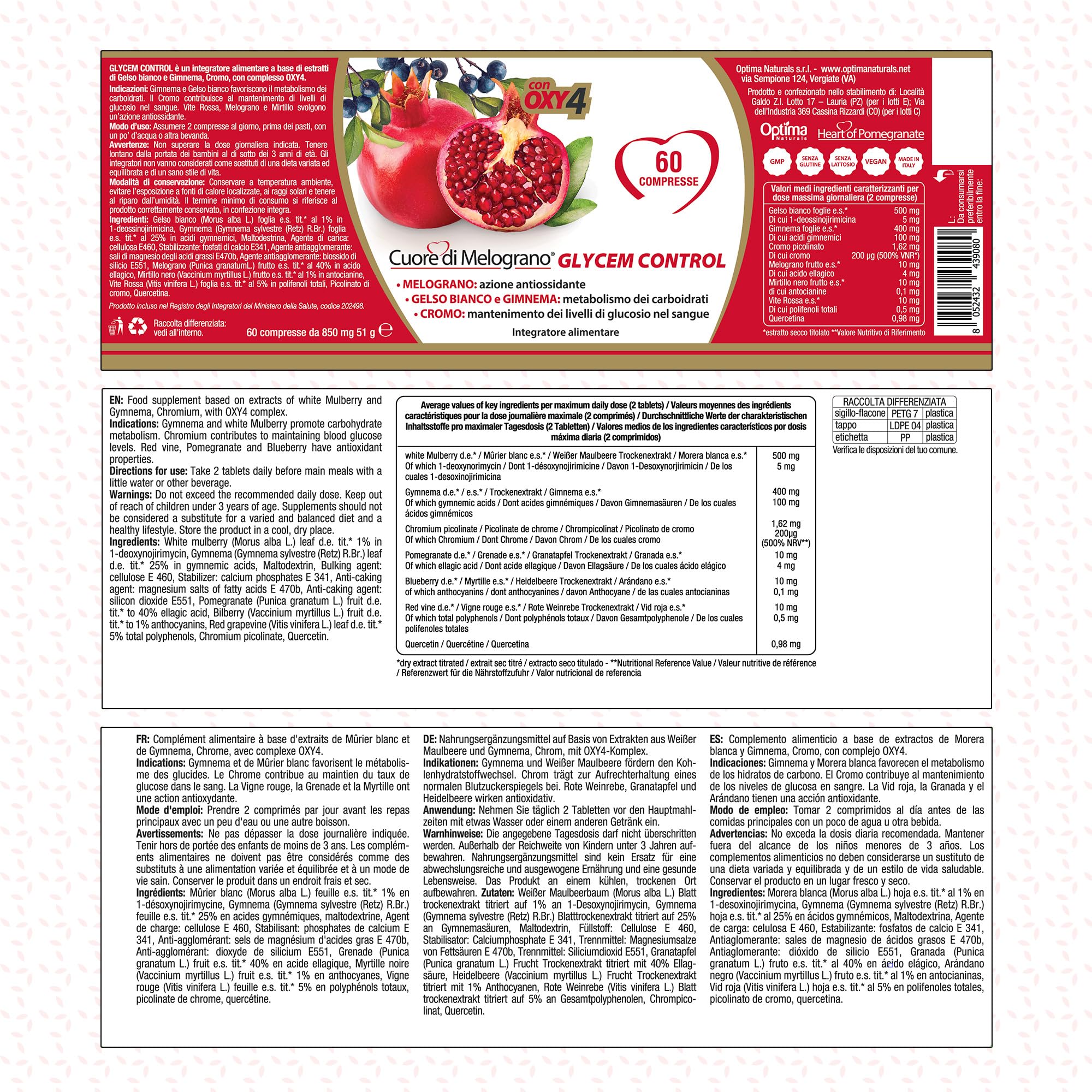Cuore di Melograno GLYCEM CONTROL, per il mantenimento dei livelli di glucosio nel sangue, con Gelso bianco e Gymnema, 60 compresse