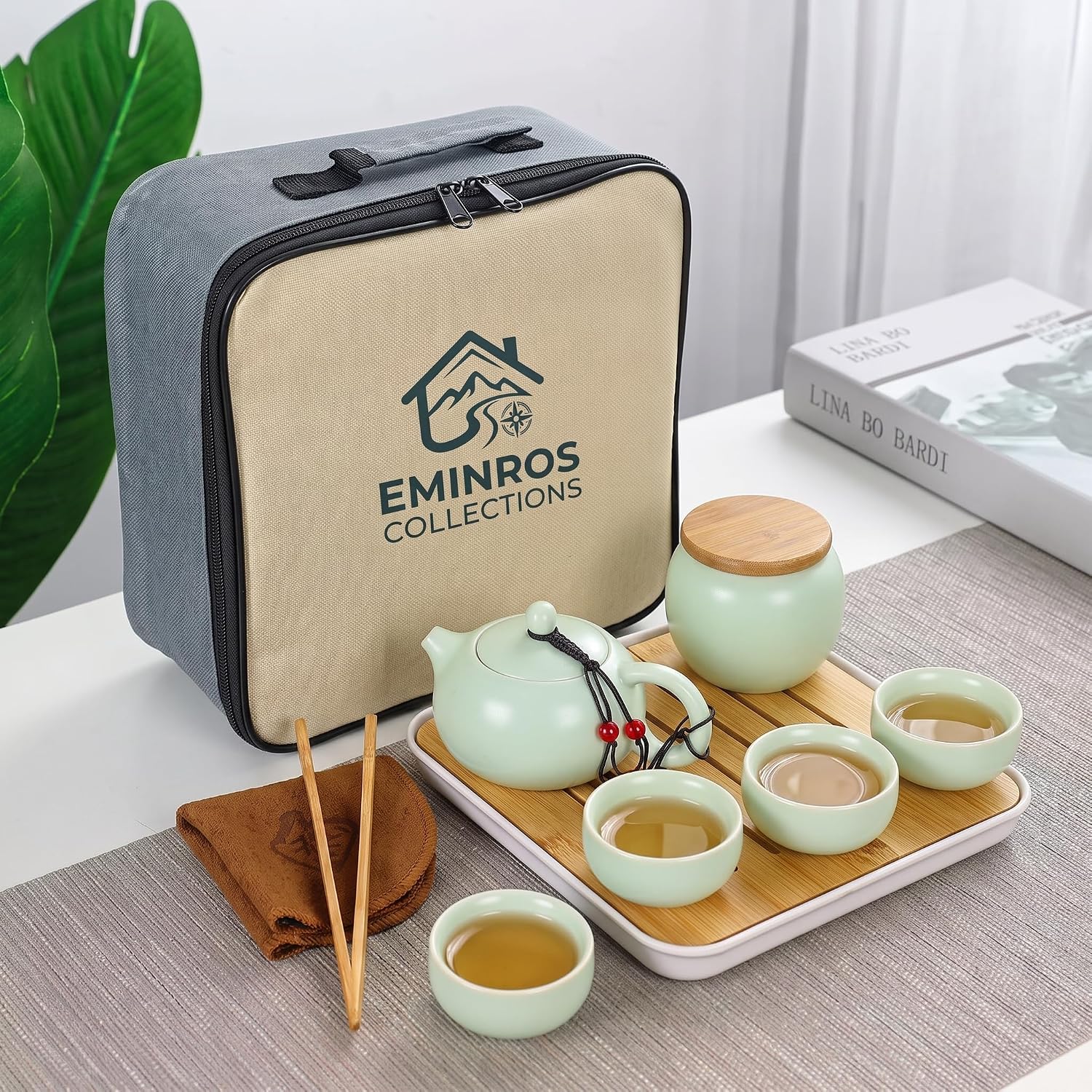 10 PCS Portable Travel Tea Set - Ceramic Gongfu Tea Set with Teapot, 4 Cups, Tea Caddy & Bamboo Tea Tray - Traditional Chinese Tea Set in Padded Carrying Case for Outdoors & Office (Green)