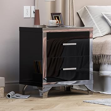Henf Modern Black Nightstand for Bedroom, Elegant High Gloss 2 Drawer Night Stand with Silver Mirrored Legs, Small Wood End Table Sofa Side Table for Living Room Bedroom Apartment Black