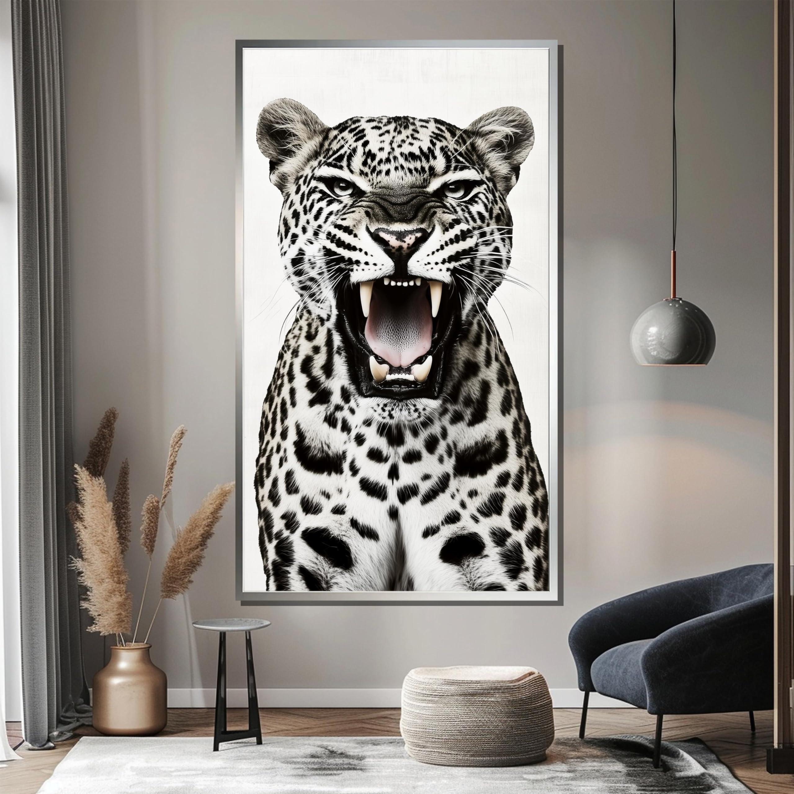 CAOXTART Czarno-biały obraz zwierząt na płótnie - ryczący tygrys plakat sztuka ścienna na płótnie do dekoracji wnętrz (80 x 150 cm / wewnętrzna rama)