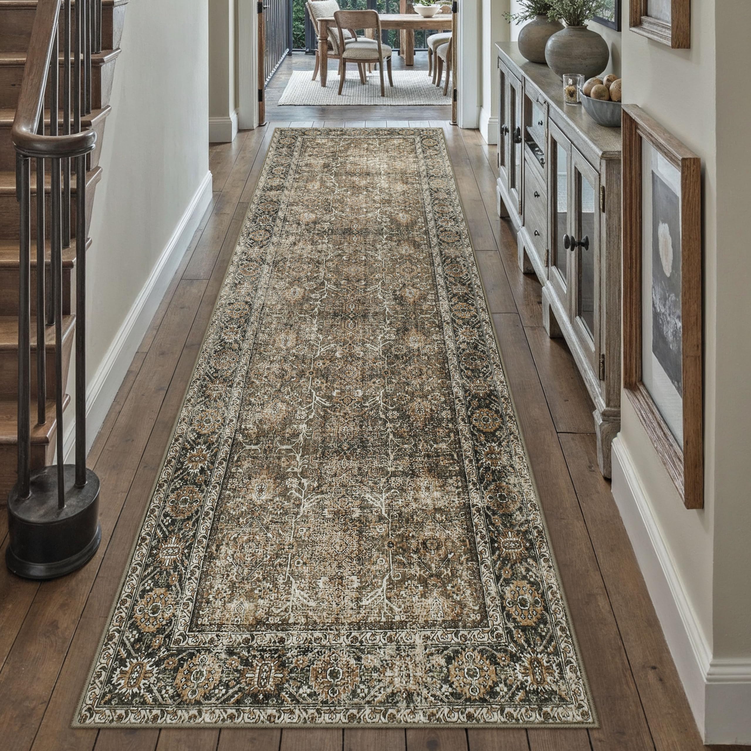 PureCozy Brown Runner Rug 2'6"x18' Vintage Area Carpet Hallway Long Indoor Kitchen Washable Living Room Low Pile Traditional Distressed Retro Accent Rug Non Slip Laundry Bathroom Office Dining Room — image 1