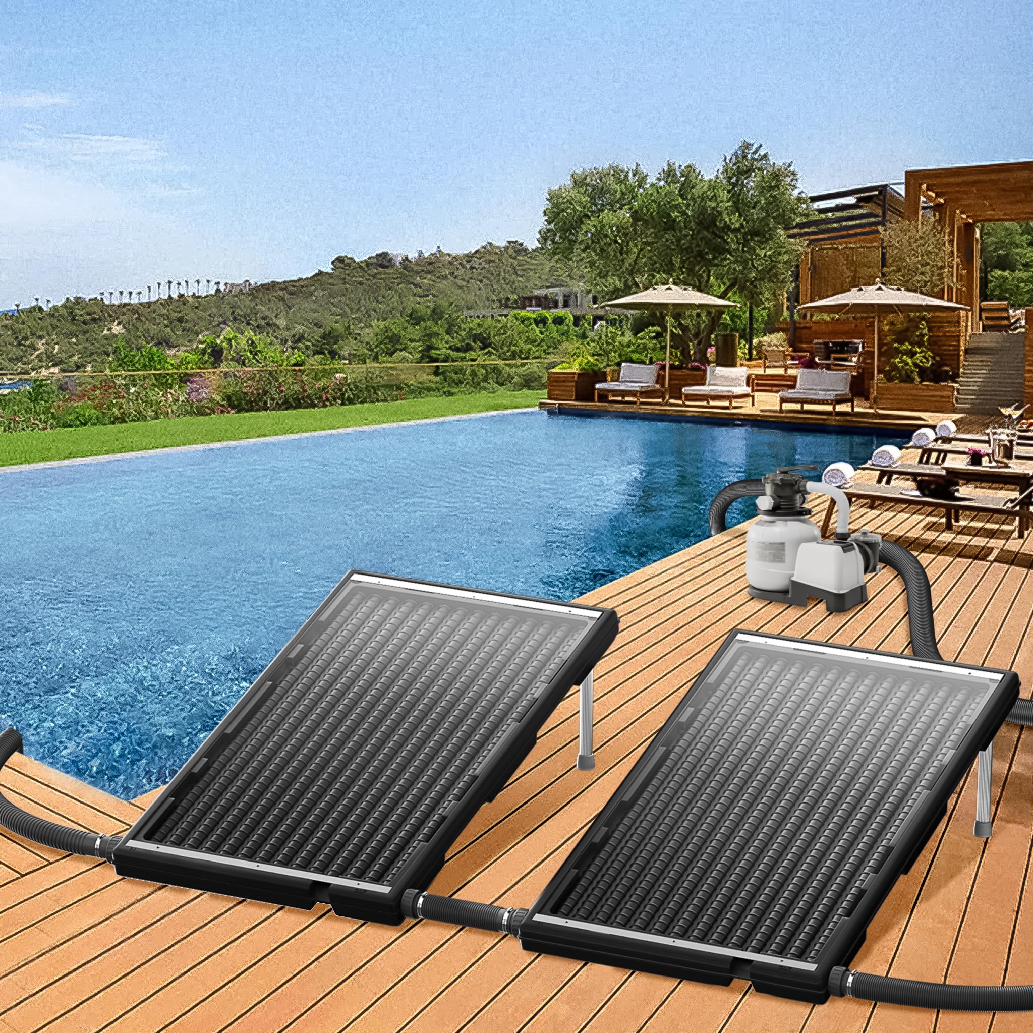 Aufun 2 ensembles de chauffage solaire pour piscine Capteur solaire 110x69x14 cm Chauffage solaire pour piscine 10000 L/h Réglable en hauteur 38 mm Raccordement eau chaude Chauffages solaires Tapis
