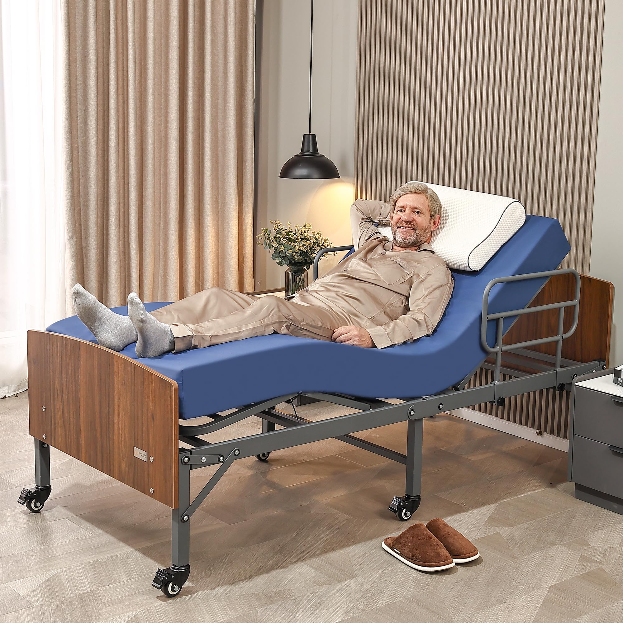 ESHINE Adjustable Bed Frame with Hospital Waterproof Mattress - Wireless Remote, Underbed Light, Headboard, 2.5