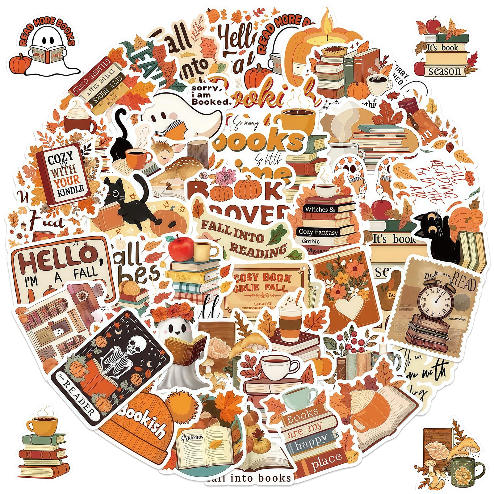 50pcs Romance Book Stickers for Kindle,Holographic Bookish Reading Booktok Aesthetic Stickers Pack for Books, Water Bottles, Laptops, Book Lover Sticker Accessories Gifts for Kids Teens Adults（autumn）