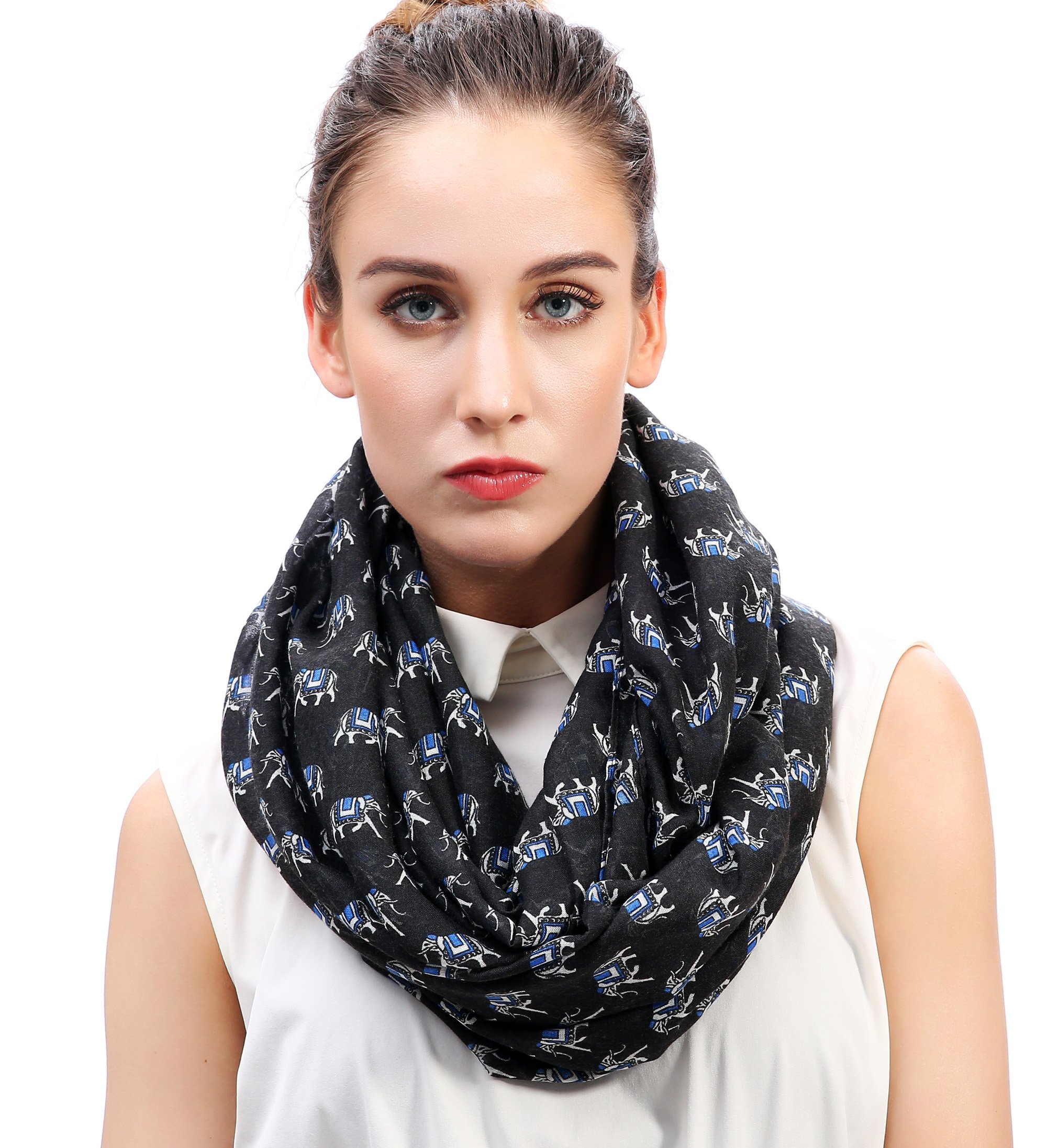 Lina & Lily Elephant Animal Print Women's Lightweight Snood Scarf (Black)