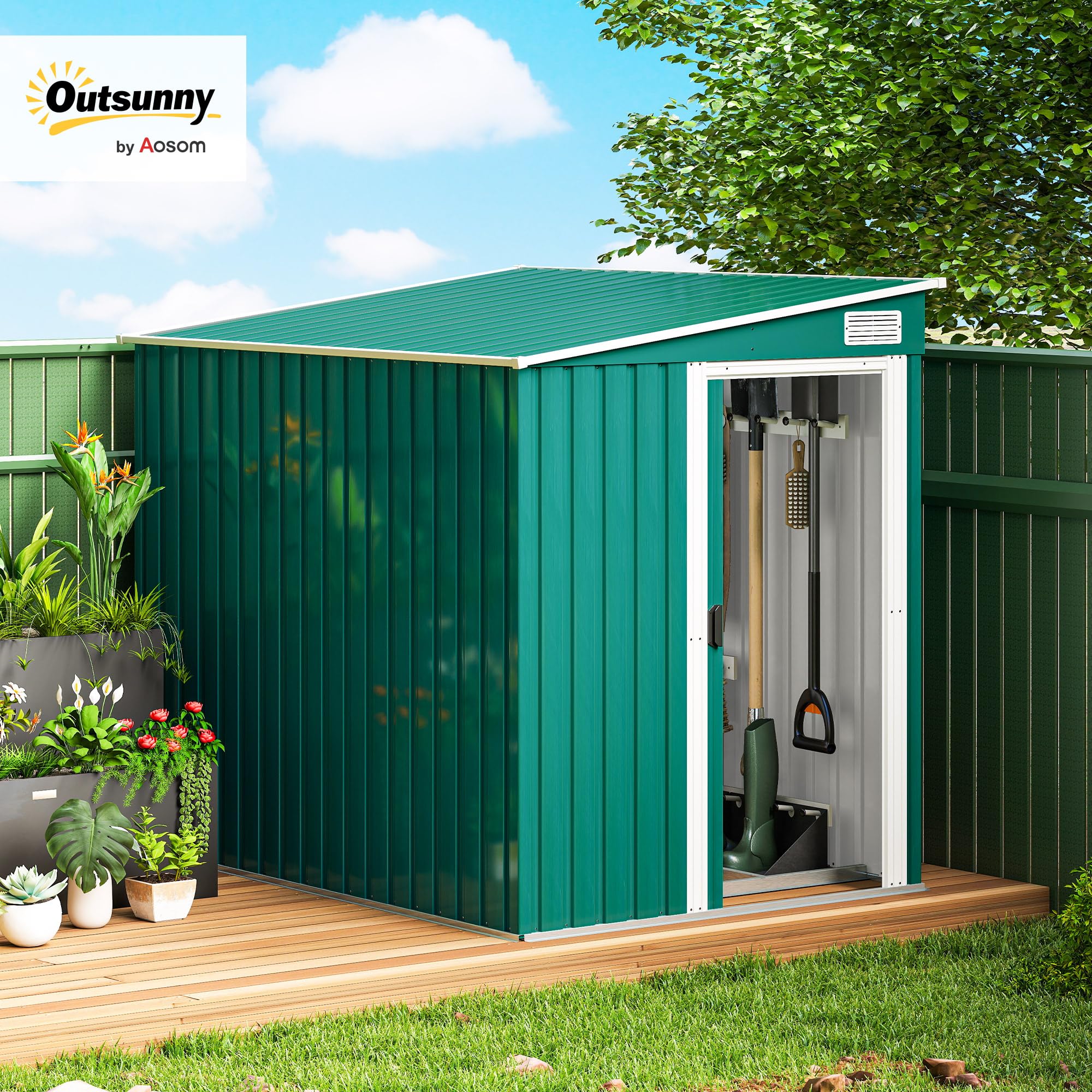 Outsunny Casetta da Giardino 2.81m² Acciaio Zincato Capanno Porta Attrezzi Addossato Porta Scorrevole Tetto Inclinato Verde