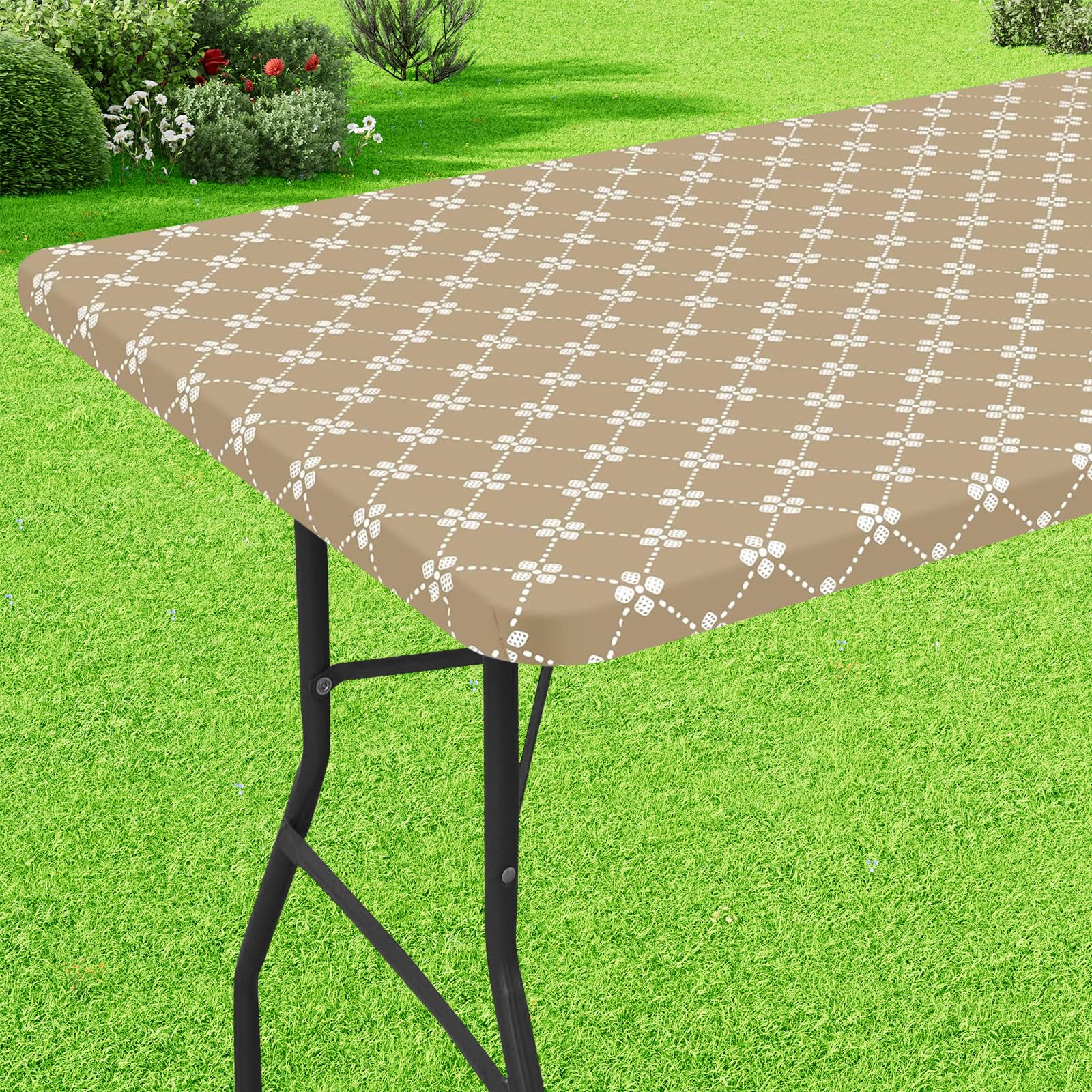 misaya Rectangle Vinyl Table Cloth, Elastic Fitted Tablecloth with Flannel Backing, Waterproof Plastic Table Cover Fits 4 Foot Folding Tables for Camping, Indoor and Outdoor (Khaki, 24" x 48") โ image 1