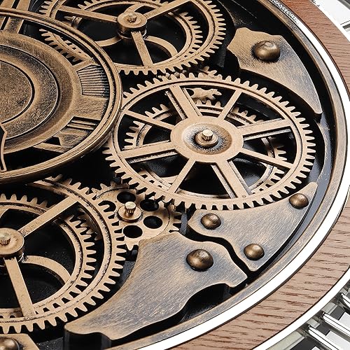 Miniatura 6 de Lafocuse Real Moving Gears - Reloj de pared marrón vintage, reloj de engranaje steampunk de 21 pulgadas con números arábigos y romanos, reloj de