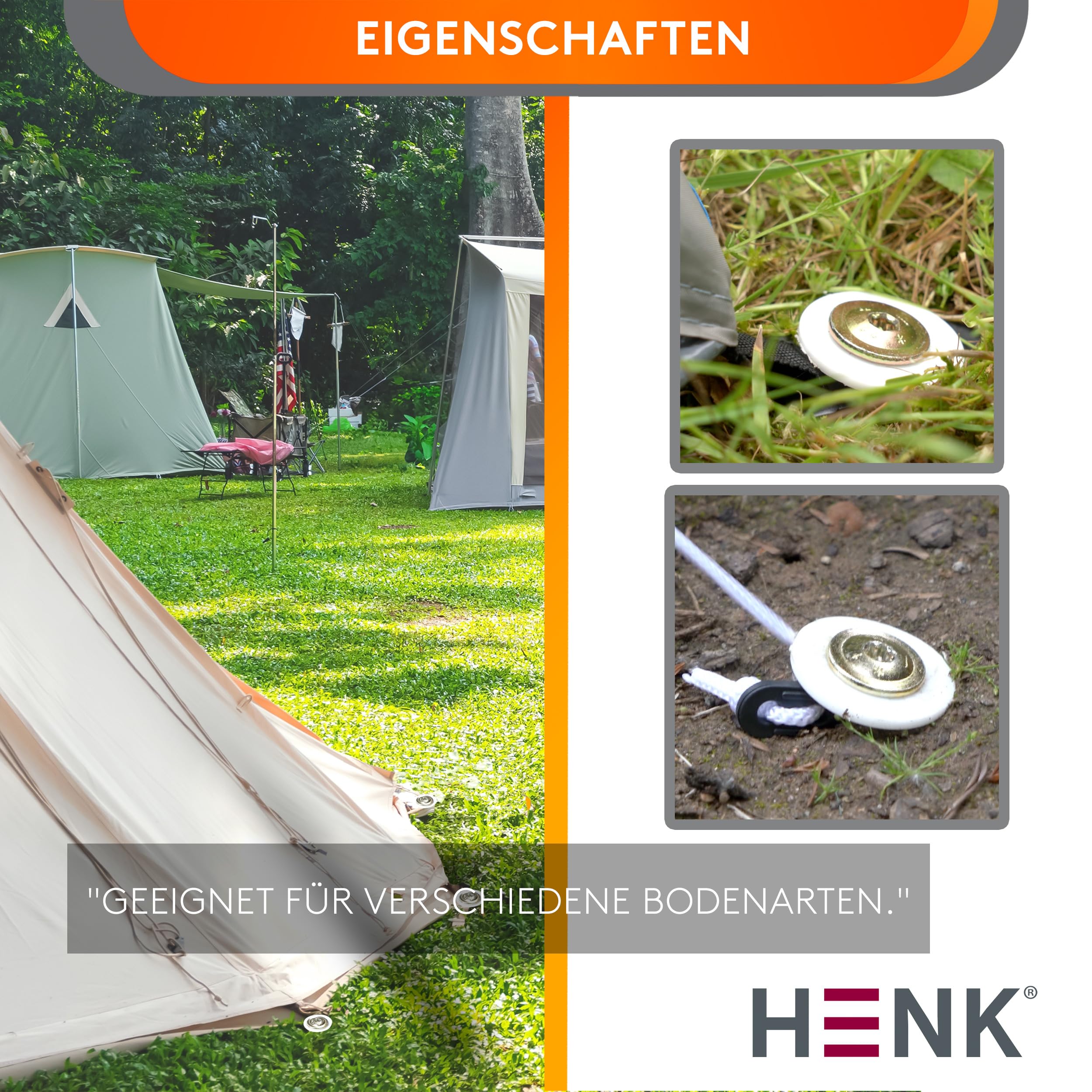 HENK Camping - Set, XXL Universal Schraubheringe, Zeltschrauben 10 Stück in mit Bit 10 Kunststoff-Unterlegscheiben für Schraubheringe Camping Große Zelten, Big Tent (300mm.)