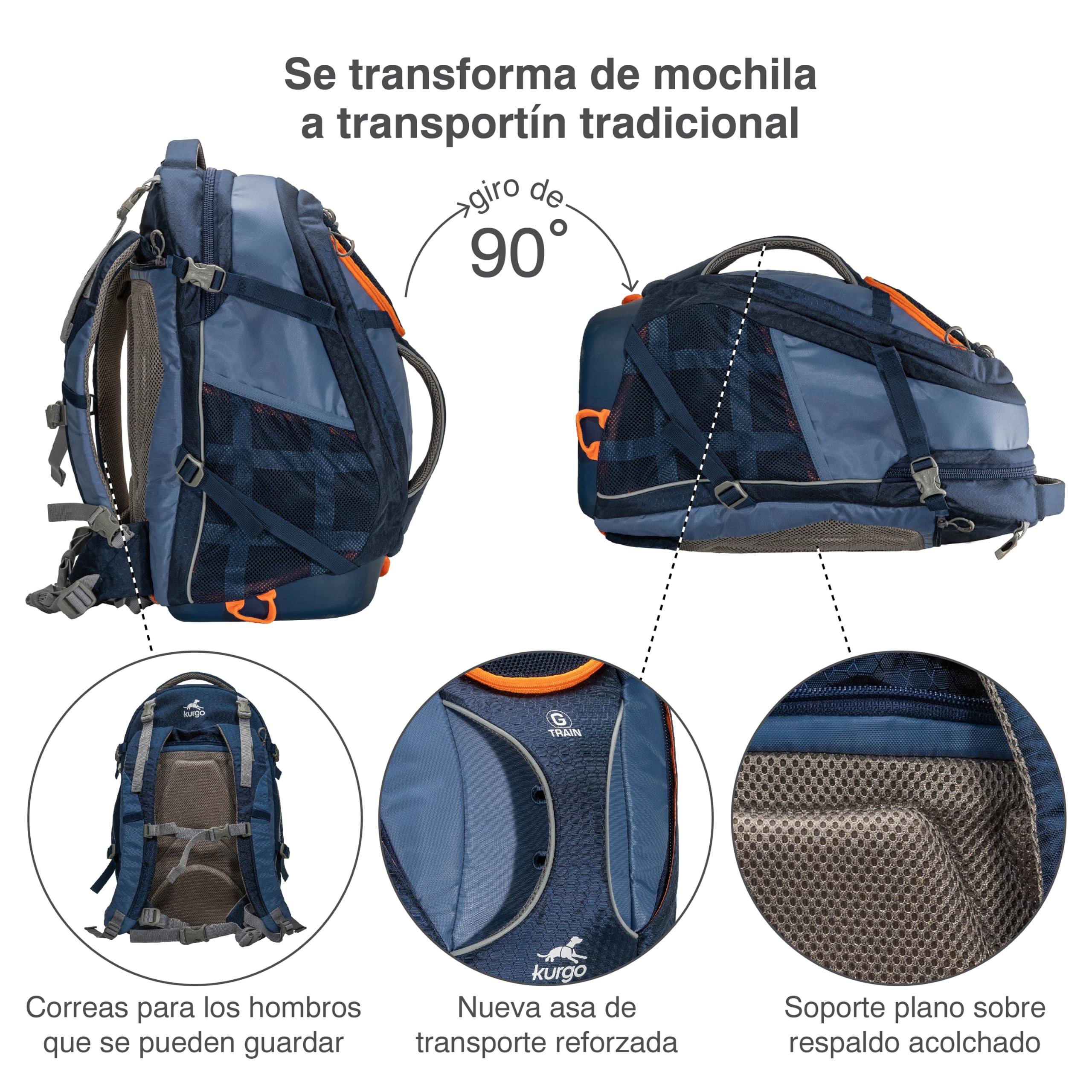 Kurgo G-Train - Mochila Transportín para Mascotas Pequeñas - Para Viajes y Senderismo, Fondo Impermeable y Múltiples Compartimentos - Azul Marino
