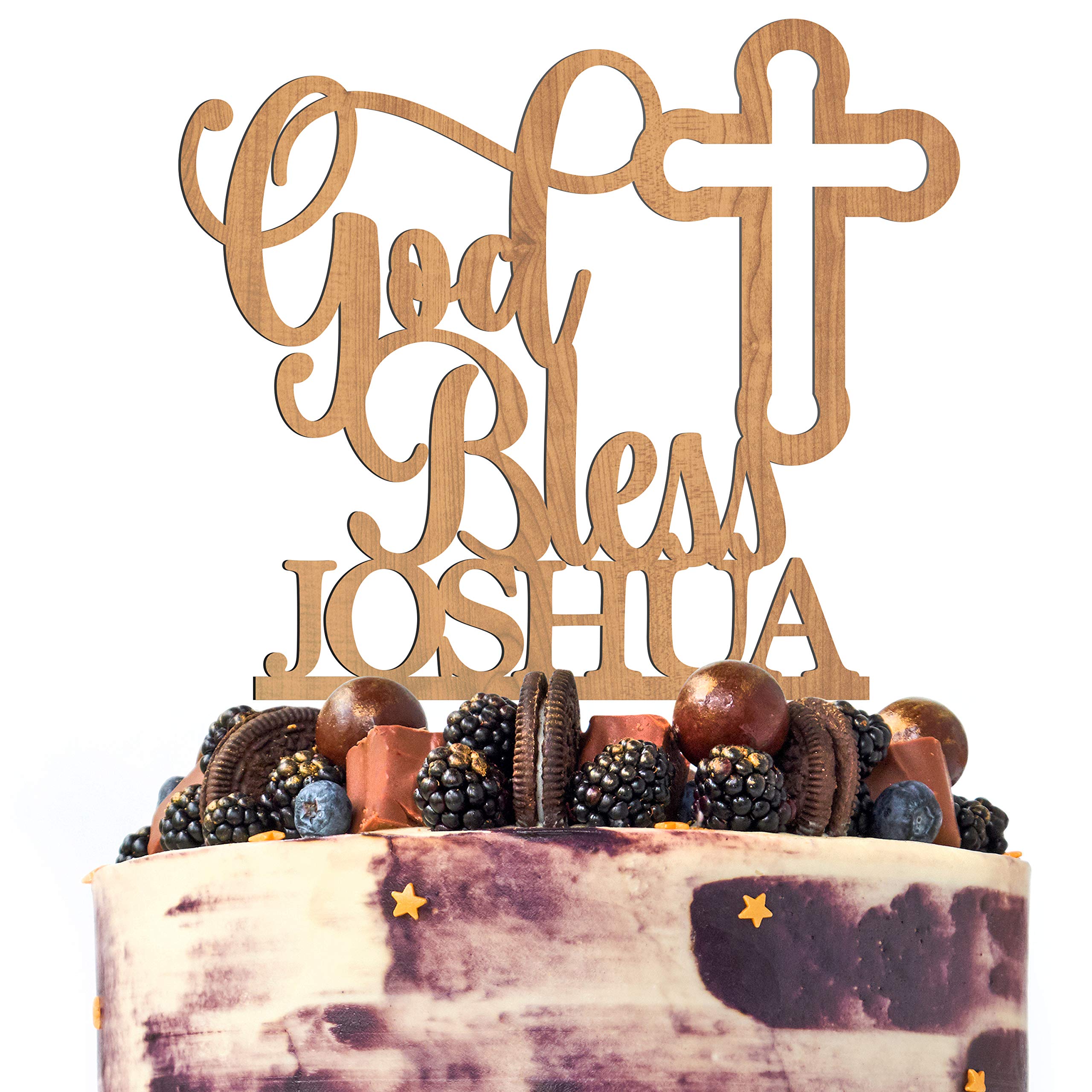 Personalized God Bless Cake Topper - Christening | Baptism - Customize Cake Toppers w/Name - Custom Wooden Cake Decorations, God Bless Cake Topper for Special Party - 3 Wooden Options