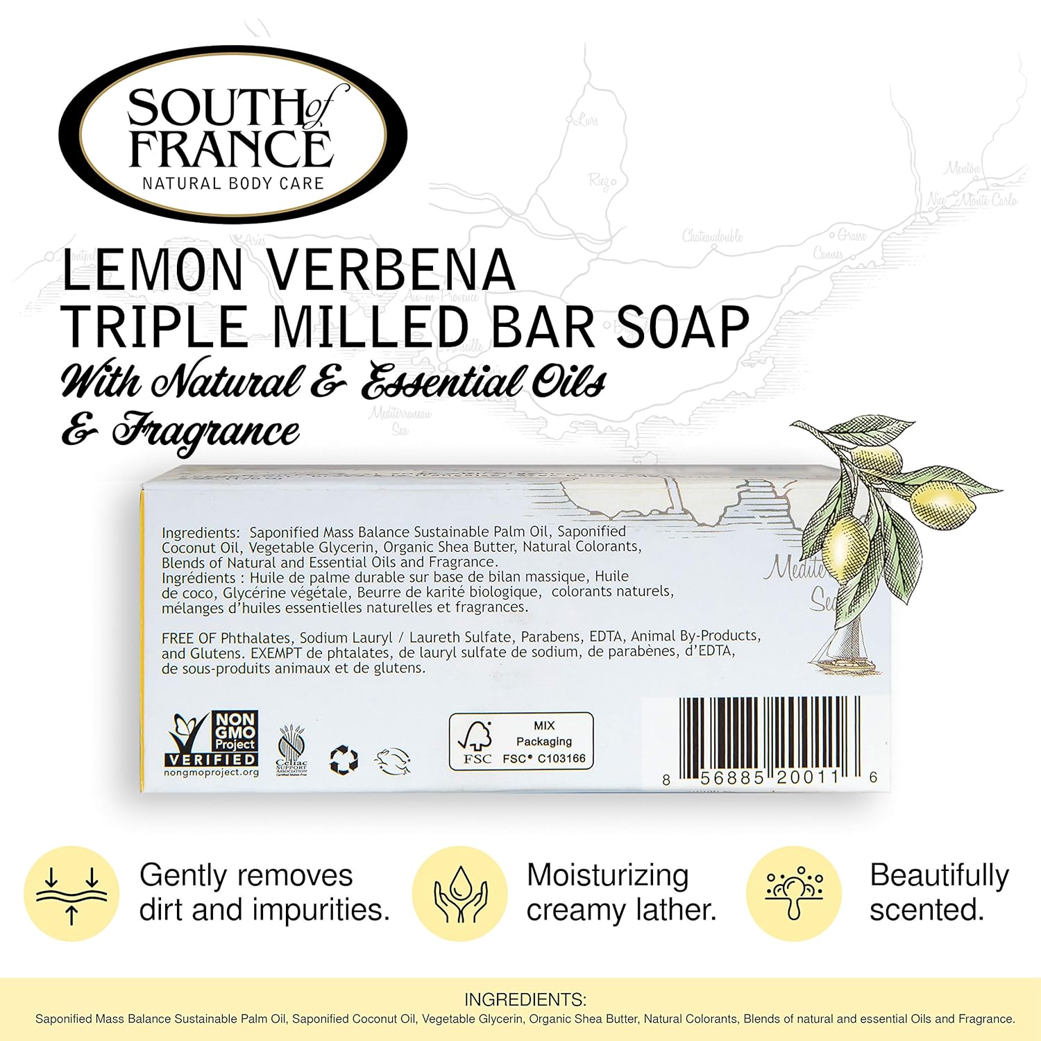 Lemon Verbena Clean Bar Soap by South of France Clean Body Care Triple-Milled French Soap with Organic Shea Butter + Essential Oils Vegan, Non-GMO Body Soap 6 oz Bar 4 Pack - Image 2