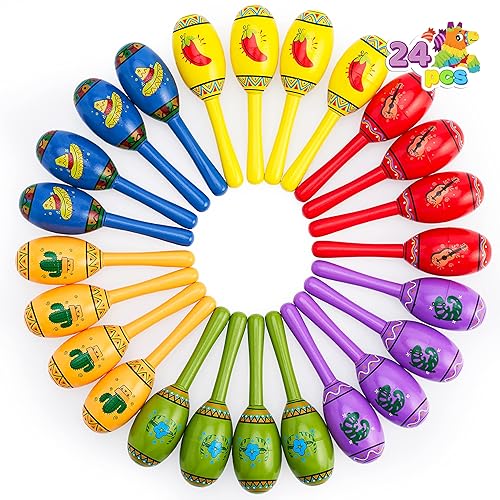 JOYIN 24 Mini Wooden Fiesta Maracas 6 Designs Noisemaker for