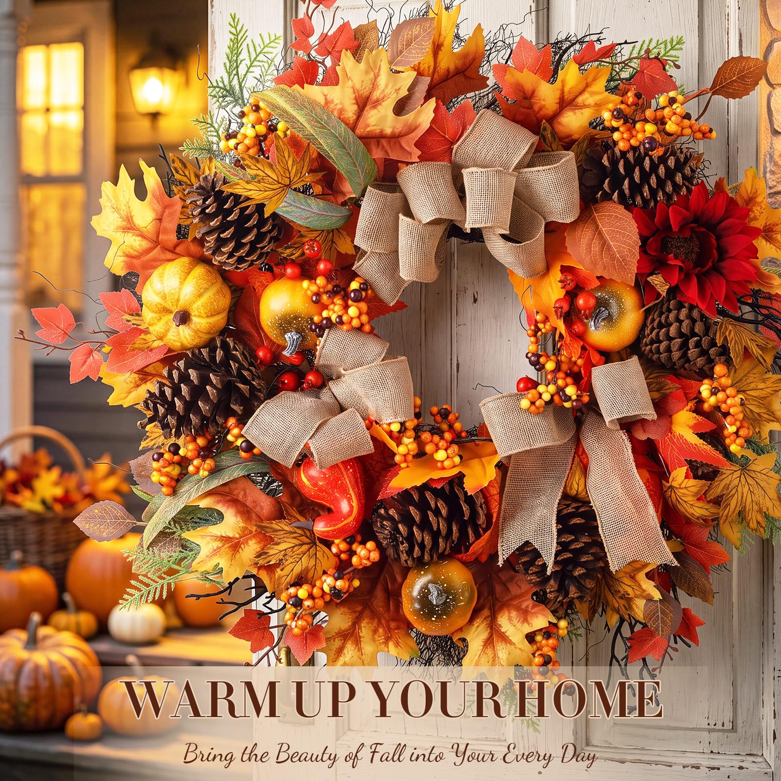 Thiccywoov Couronnes d'automne pour porte d'entrée de 71,1 cm, couronne de feuilles d'érable artificielles avec citrouilles, baies, pommes de pin, décorations de porte pour mur, porche, maison