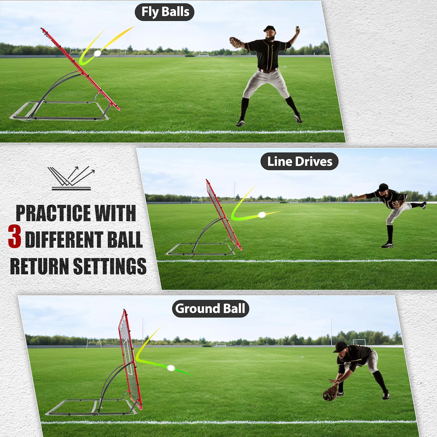 Heavy Duty Baseball Rebounder Net 4x4.5 FT Pitchback with 3 Adjustable Angles, Baseball and Softball Bounce Back Net for Ground, Line Drive, Fly Ball Return Settings Fielding Trainer