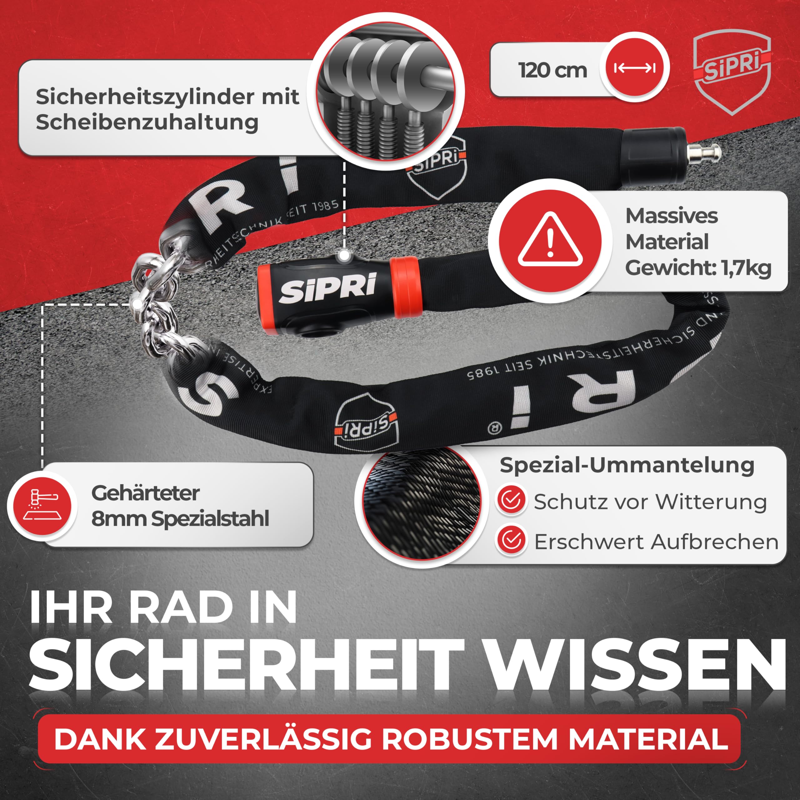 SIPRI® Fahrradschloss mit Alarm 120 dB | Kettenschloss Fahrradschloss hohe Sicherheit für E-Bike, E-Scooter & Motorrad | 8 mm Stahl, wetterfest, robust & langlebiges Schloss mit Schlüssel