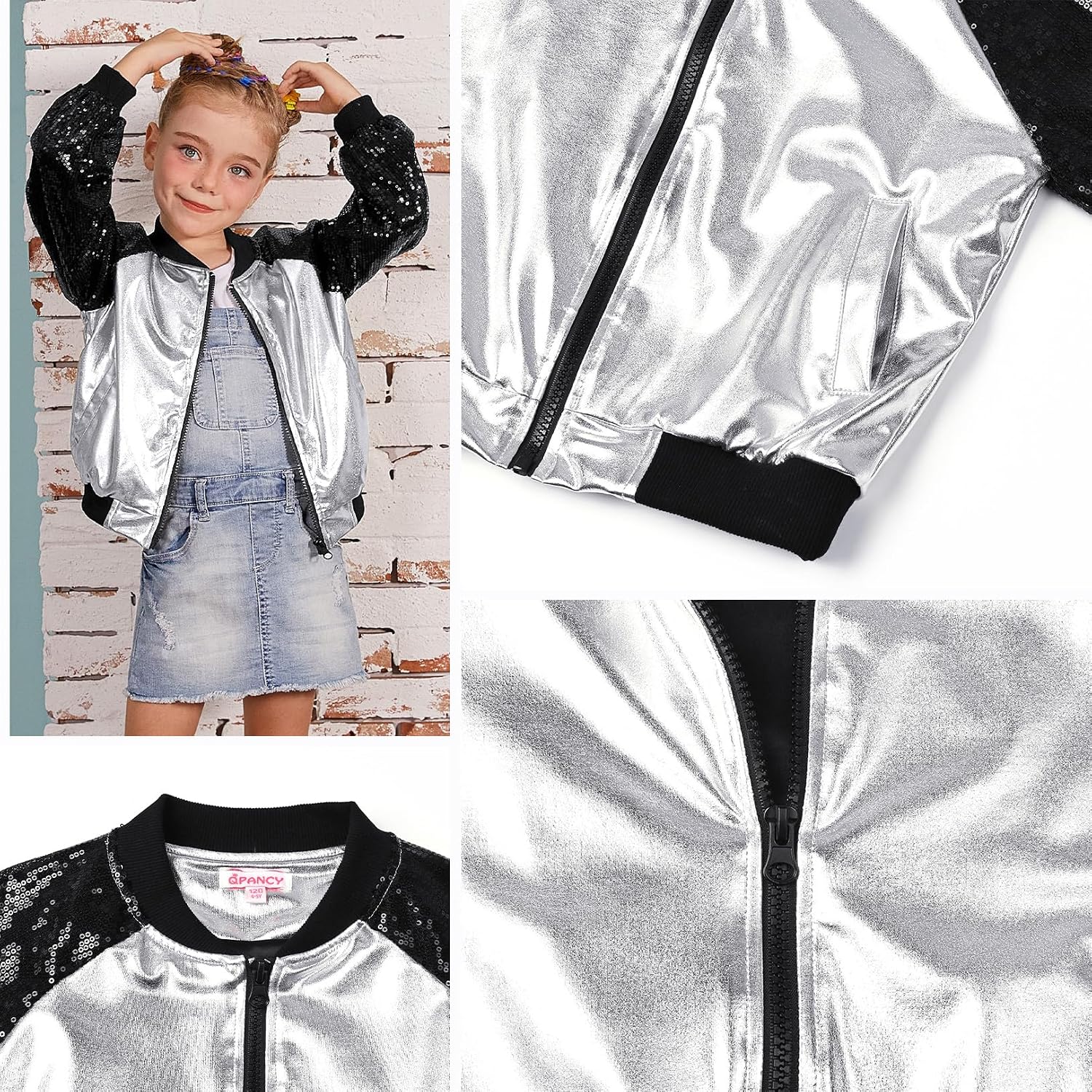 QPANCY Girls Sequin Jacket Kid lightweight Flight Jacket Zip Up Jacket