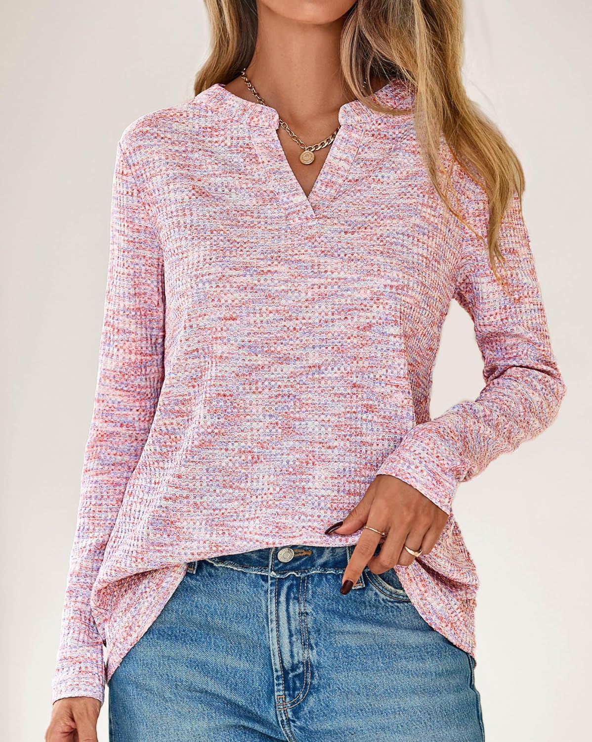 KIRUNDO Waffle Knit Tops V Neck Long Sleeve Blouses for Women Dressy Casual Henley Work Shirts 2026 Spring Fall Clothes - Image 4