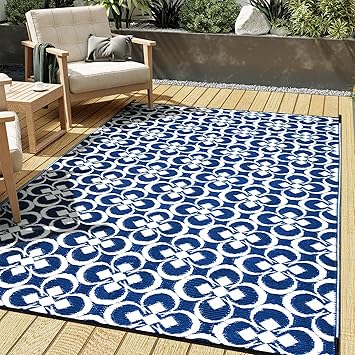 HUGEAR Outdoor Plastic Straw Rug, Waterproof Outdoor Rugs for Patios Clearance, Reversible Area Rug, Large Outside Carpet for Camping, Balcony, RV, Deck, Picnic, Beach (5x8ft Clover/Blue&White)